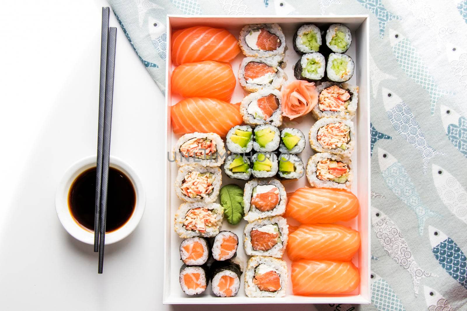 Japanishe food Nigiri sushi set, salmon, tuna and shrimp sushi, high angle view
