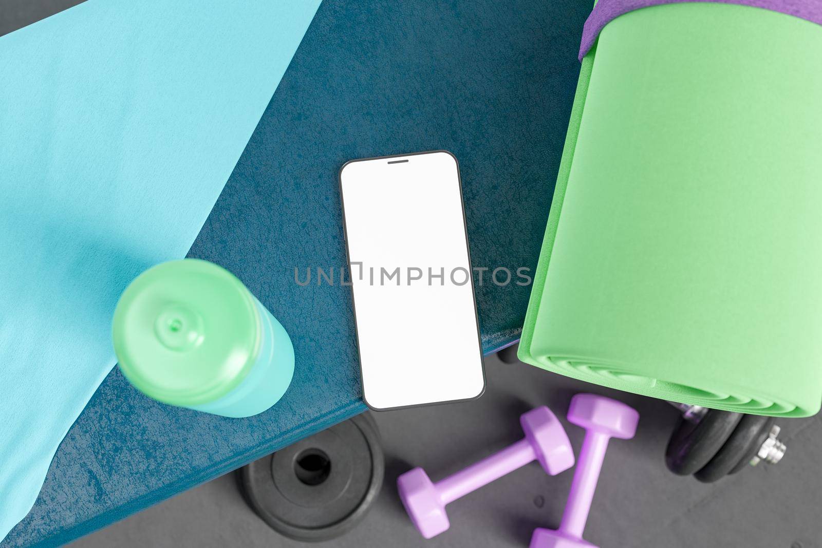 mobile phone on a gym bench with dumbbells, bottle and mat. concept of apps for fitness, sport, online training, healthy living and gym. blank screen. 3d rendering