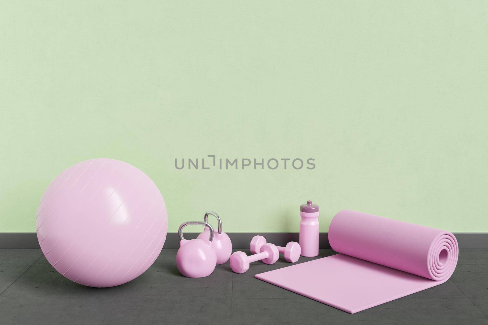 pink yoga equipment in room with green wall and rubber floor. concept of sport, exercise, healthy living and getting fit. 3d rendering
