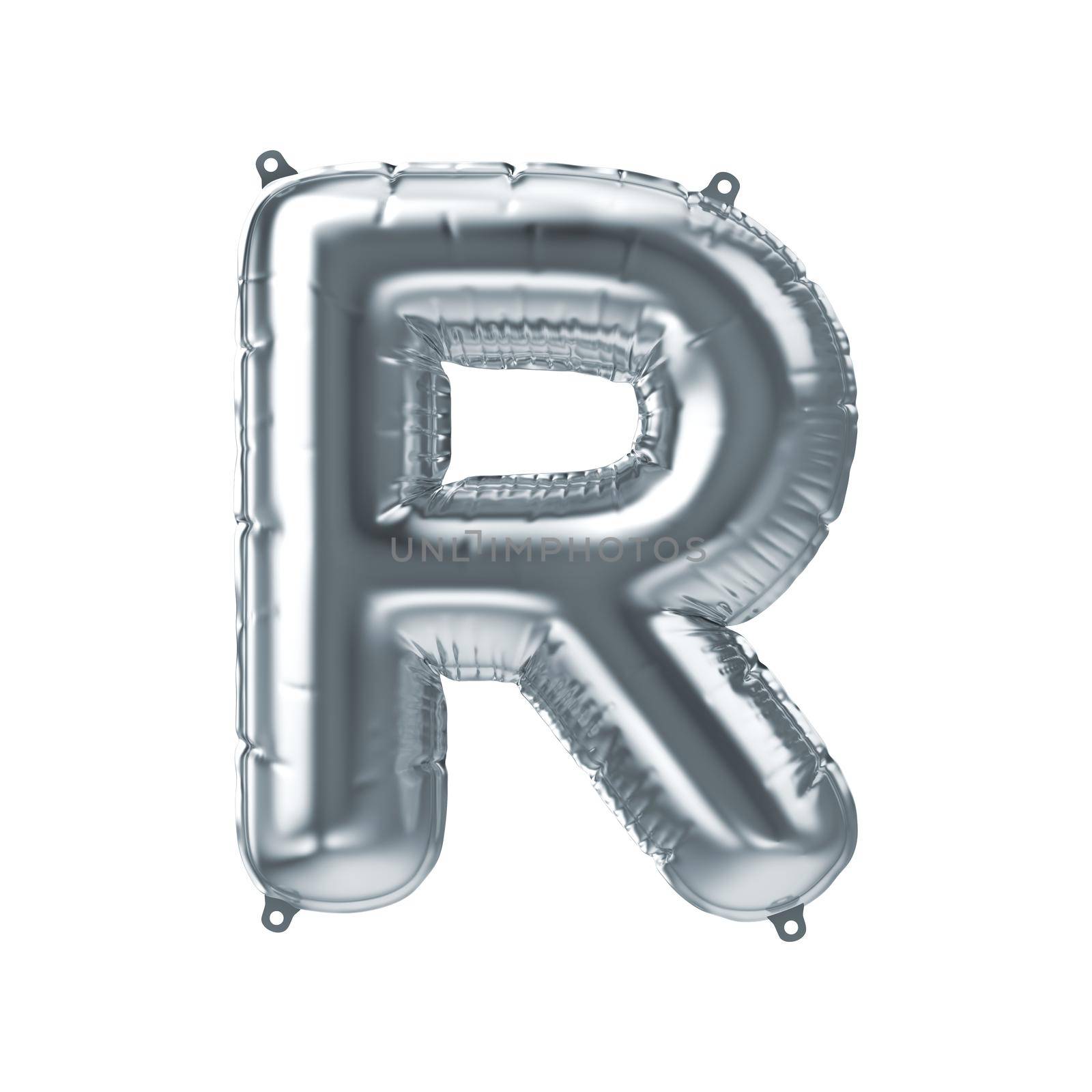 3D Render of silver inflatable foil balloon letter R. Party decoration element. Gray character isolated on white background. New year celebration postcard part. Graphic element sign for web design