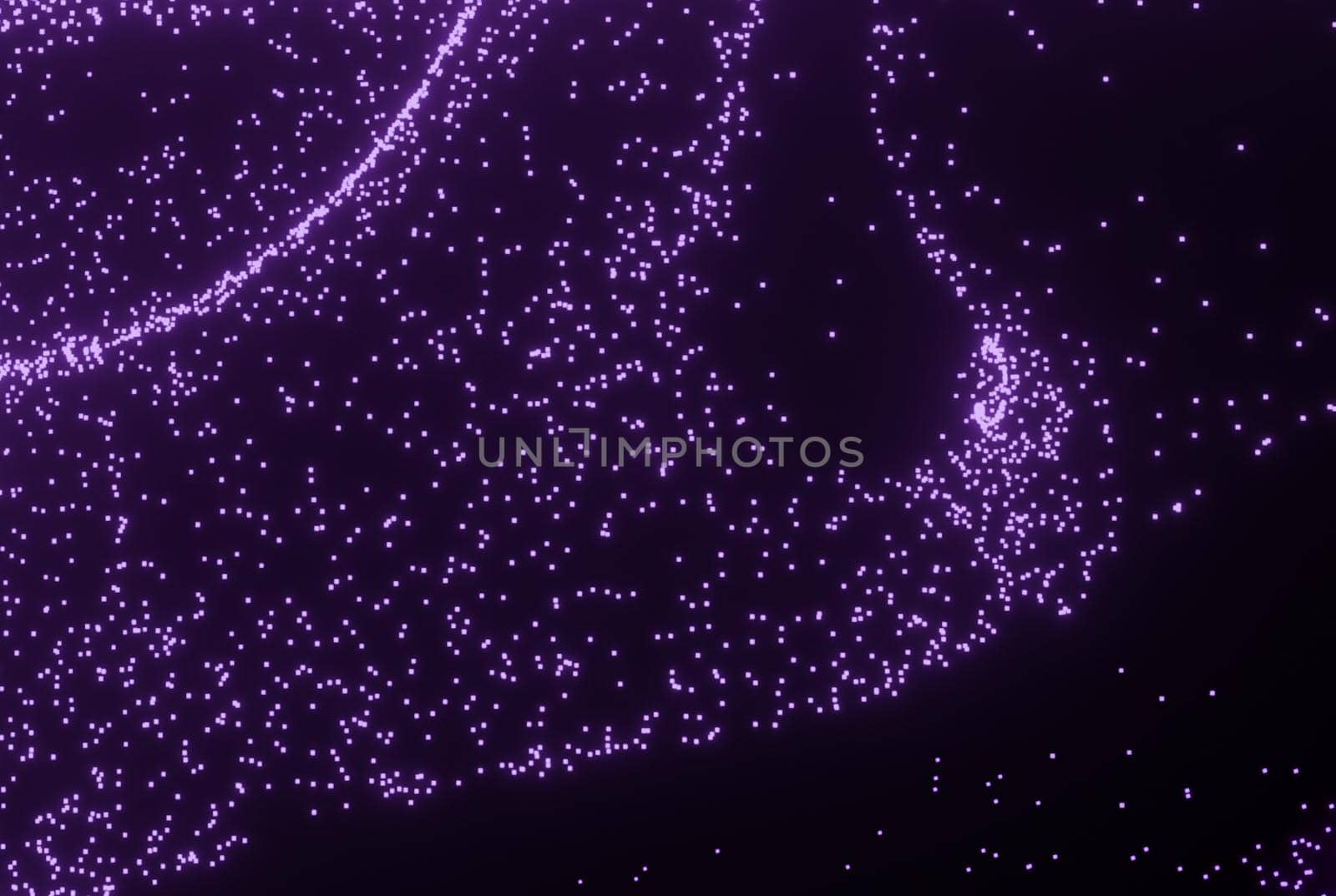 3D Render of many small ultraviolet particles flying on black festive background. Trendy backdrop for your design. Three-dimensional illustration