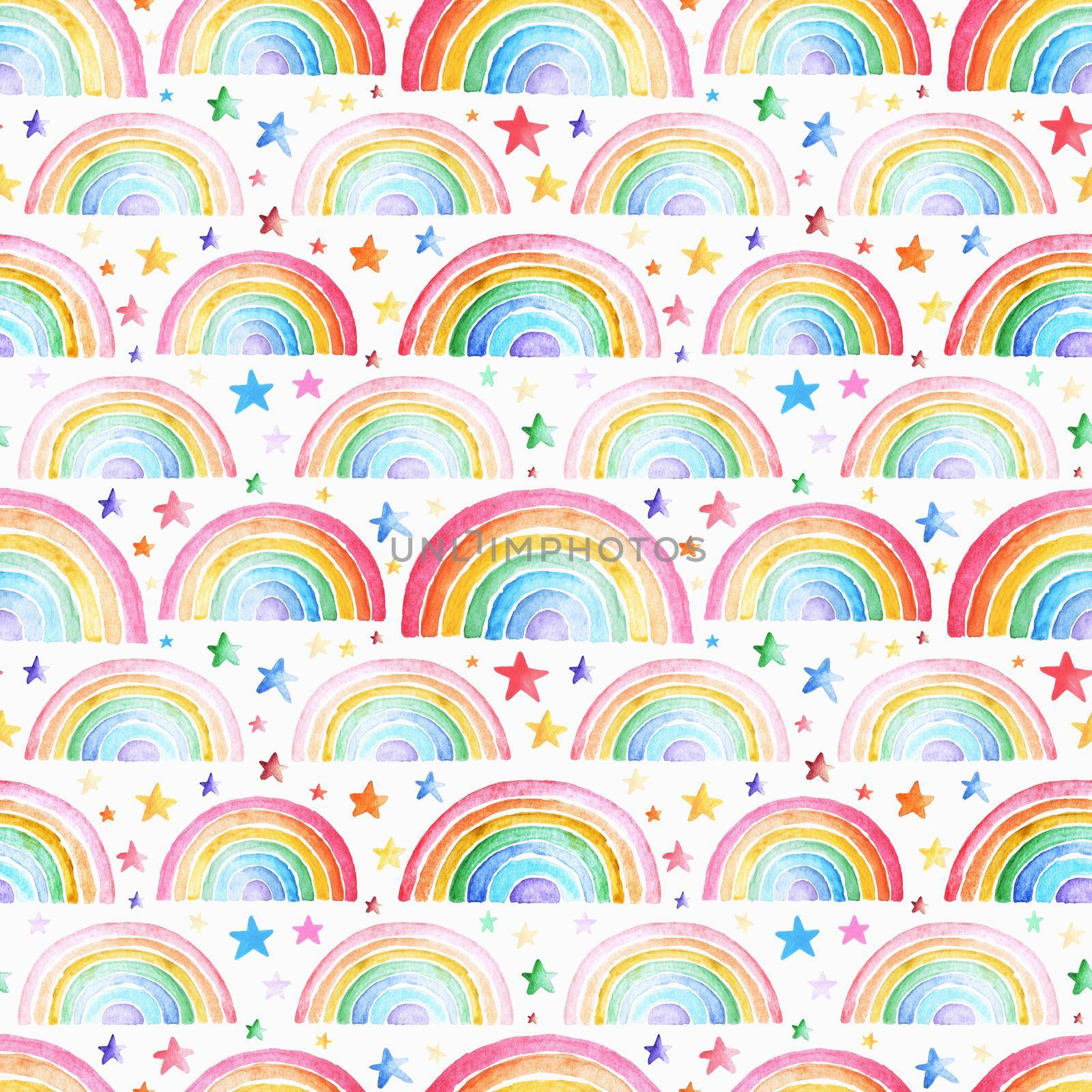 Pattern with colored watercolor rainbows and stars. Watercolor seamless print. Children's illustration. Print for textiles, wallpapers, websites and social networks.