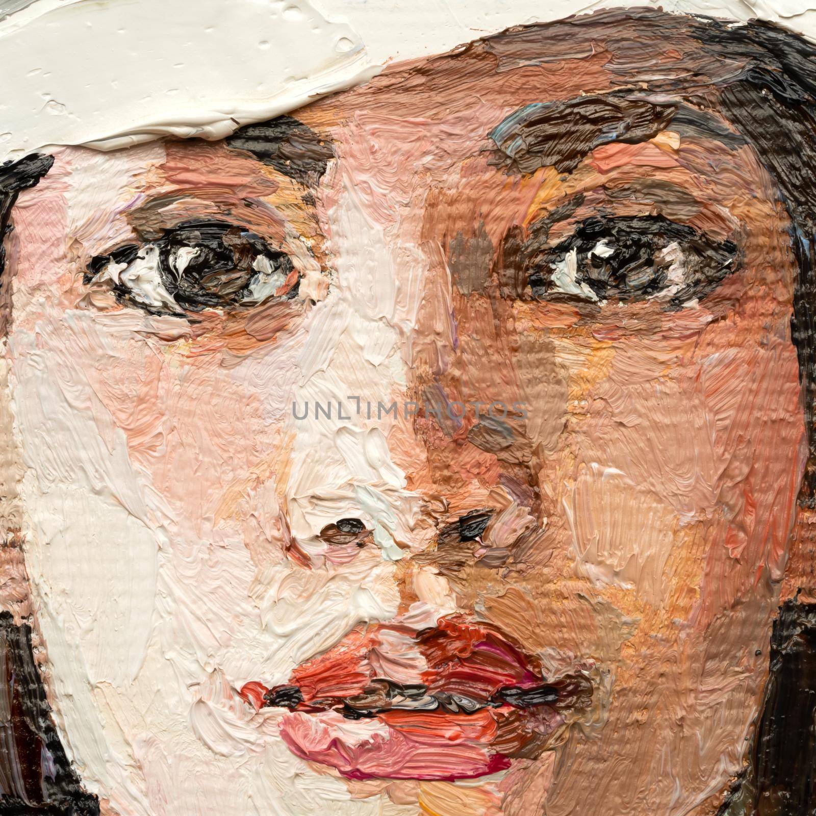 A girl in a white hat with a cup of coffee sits in a cafe. Fragment of oil painting on canvas..