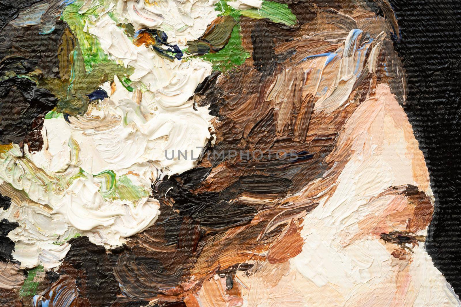 Fragment of portrait pretty brown-haired girl with a flower in her hair, painted in an expressive manner. Palette knife technique of oil painting and brush.