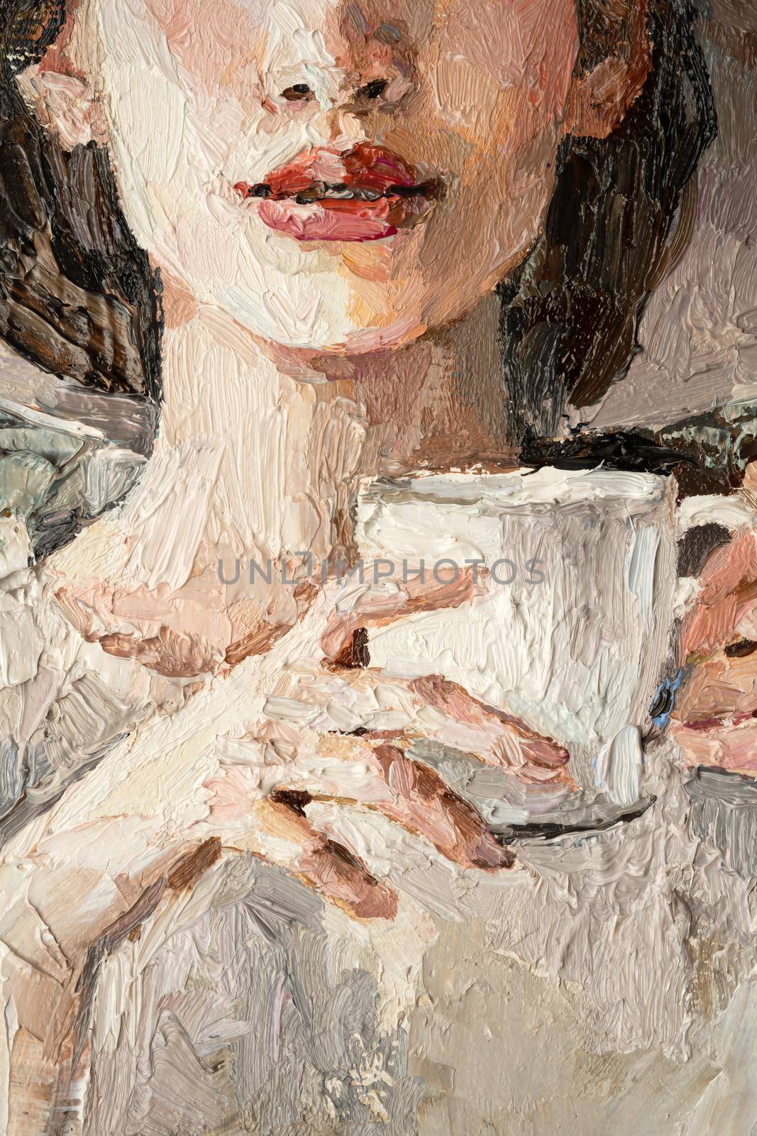 A girl in a white hat with a cup of coffee sits in a cafe. Oil painting on canvas..
