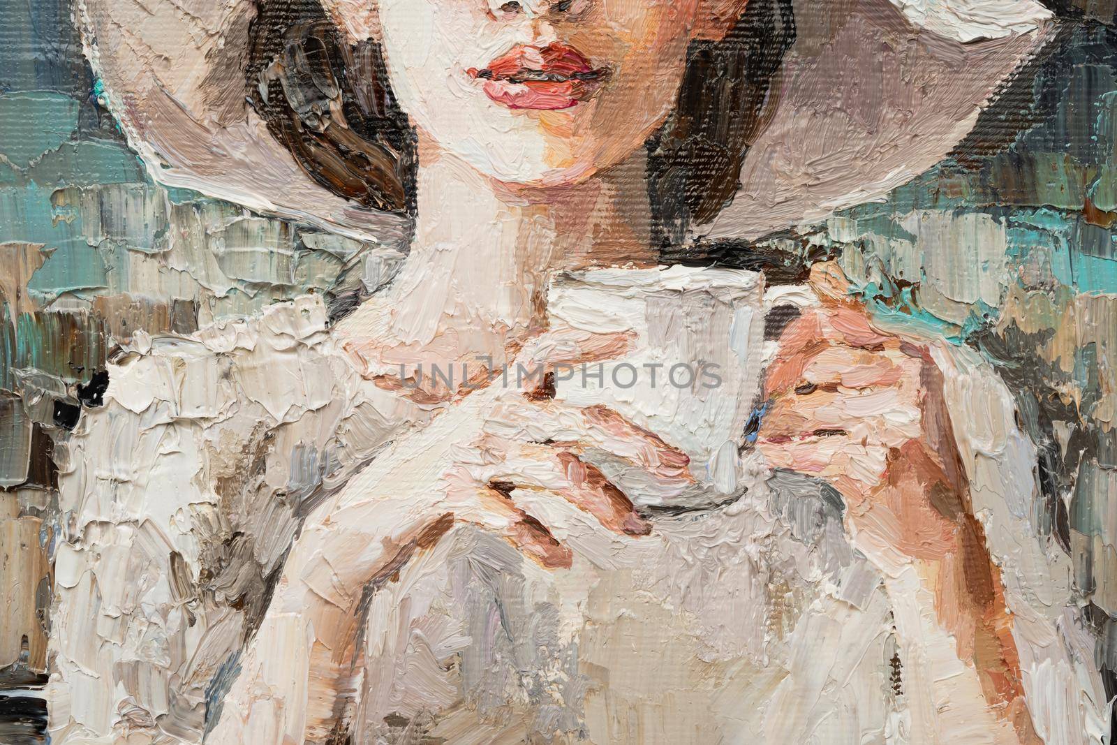 A girl in a white hat with a cup of coffee sits in a cafe. Fragment of oil painting on canvas..