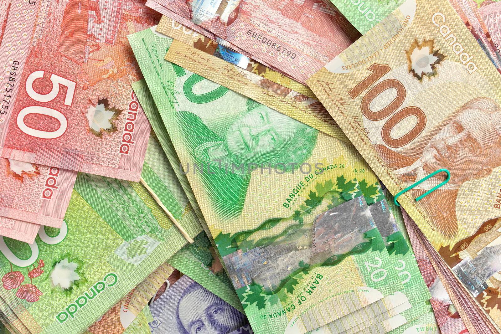 Directly Above Full Frame Image of Canadian Banknotes of Different Values by markvandam
