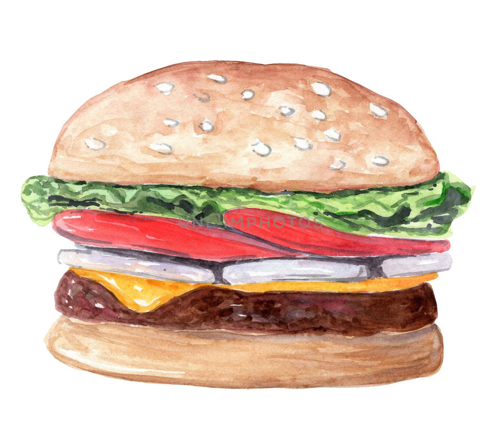 watercolor hand drawn brown burger with salad,tomato,cheese isolated on white background. Fast food illustration for cafe menu by dreamloud