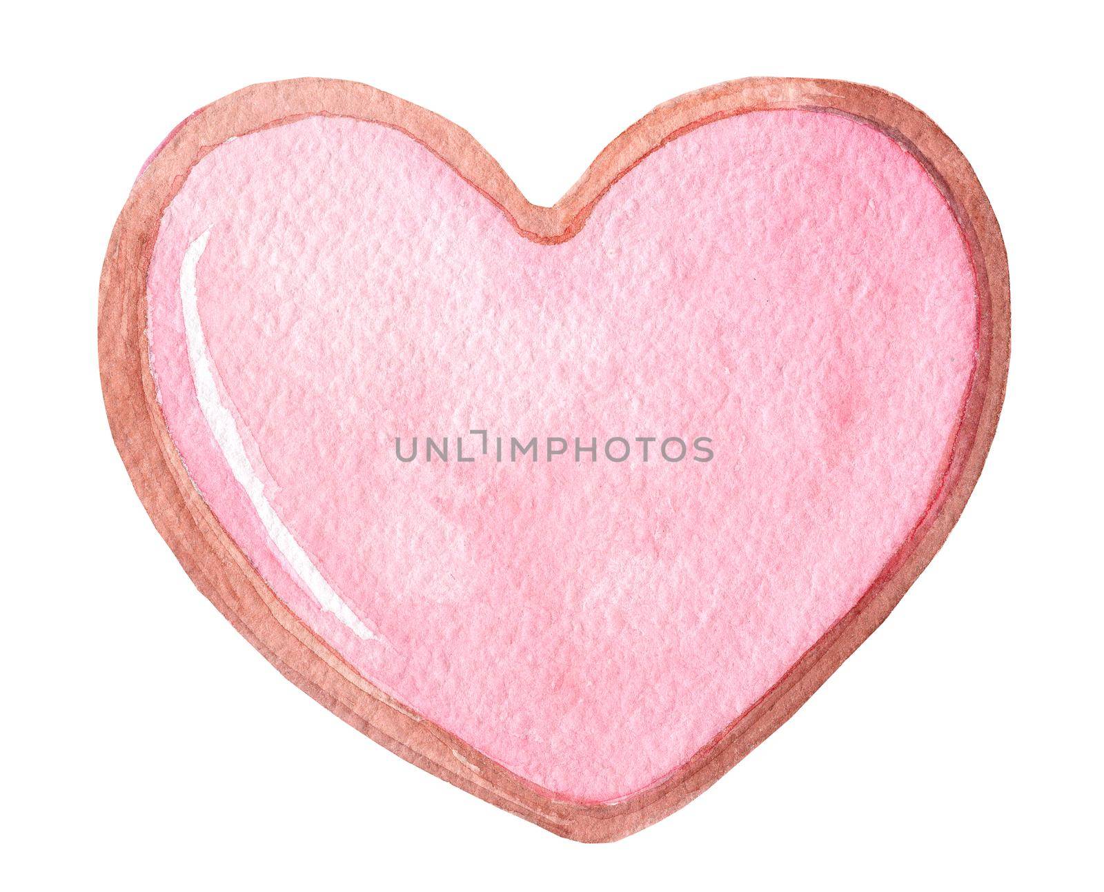 watercolor hand drawn heart shaped cookie with pink glaze isolated on white background