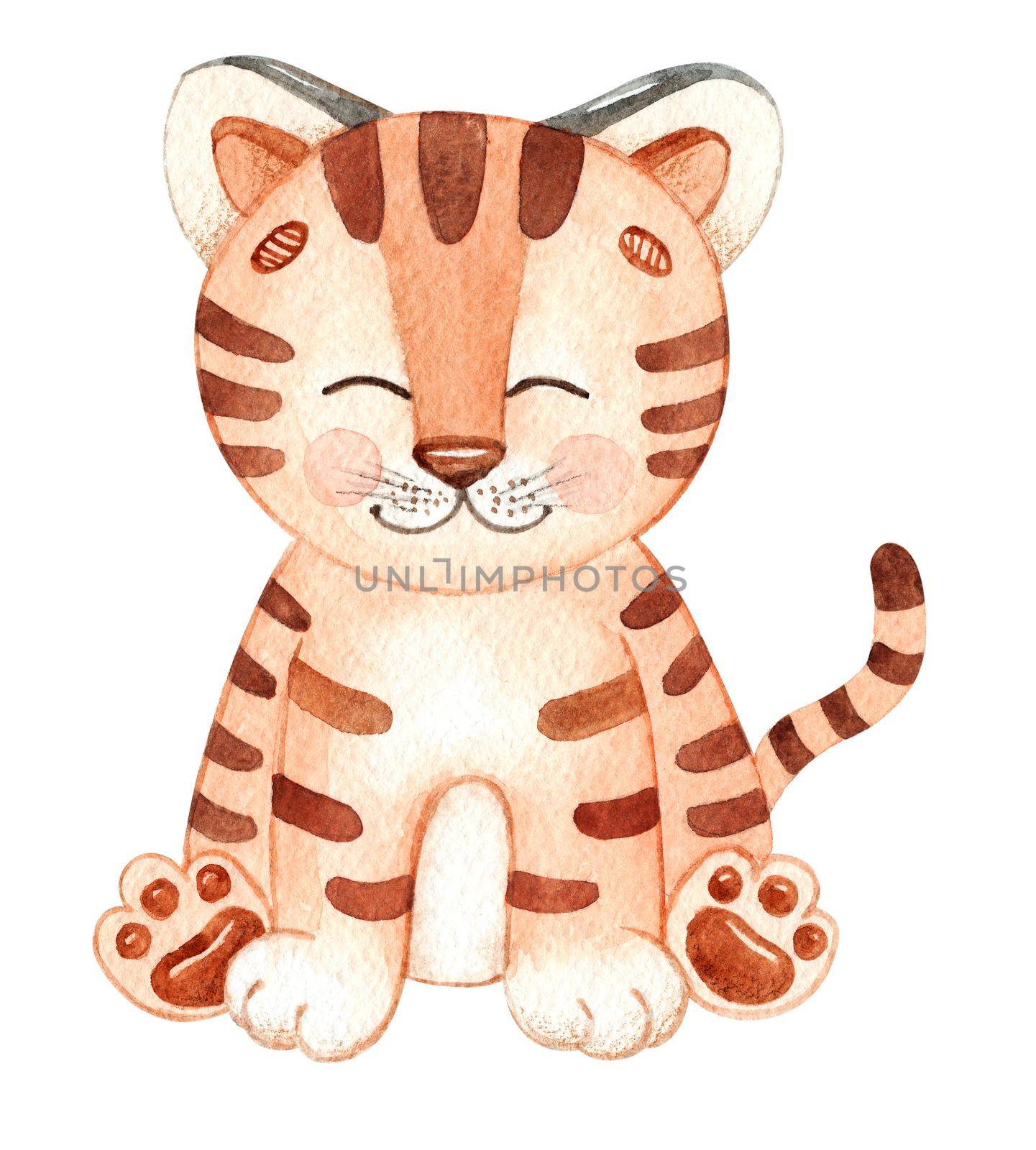 Watercolor cute tiger baby isolated on white background. Animal illustration for kids fabric, print, design