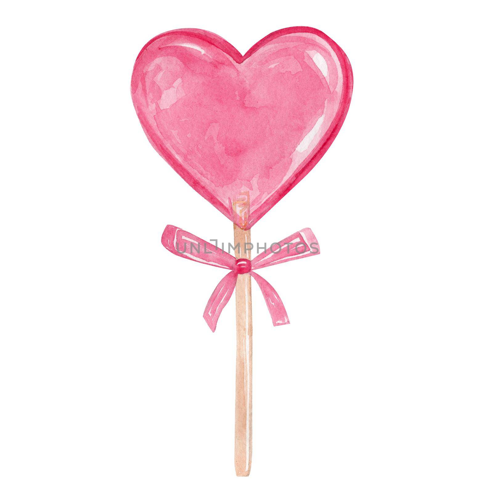 watercolor pink heart shaped lollipop on a stick with pink bow isolated on white background. Valentines day sweet candy dessert