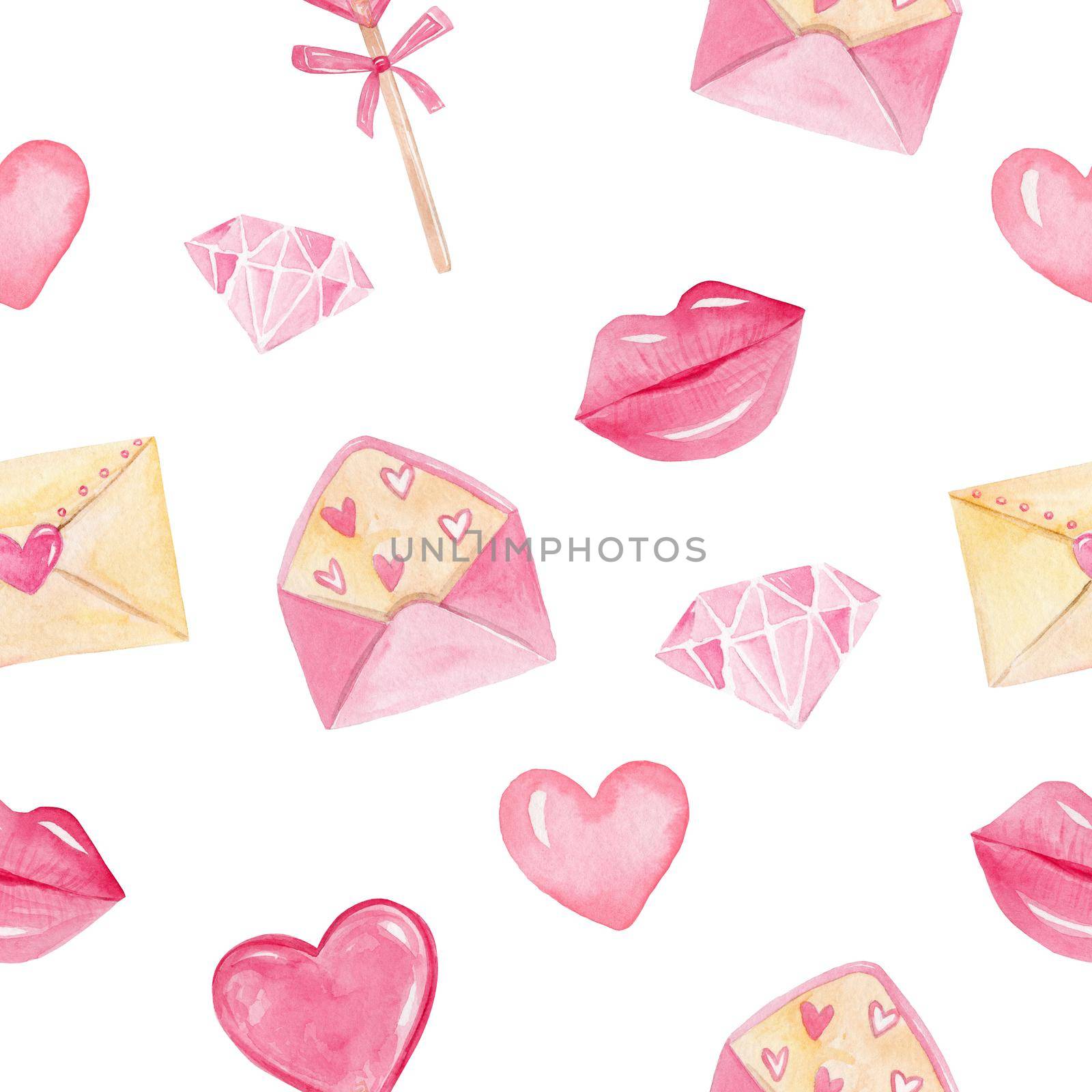watercolor pink kisses and hearts seamless pattern on white background. Valentines day print with envelopes, diamonds, candy. perfect for fabric, textile, scrapbooking, wrapping paper by dreamloud