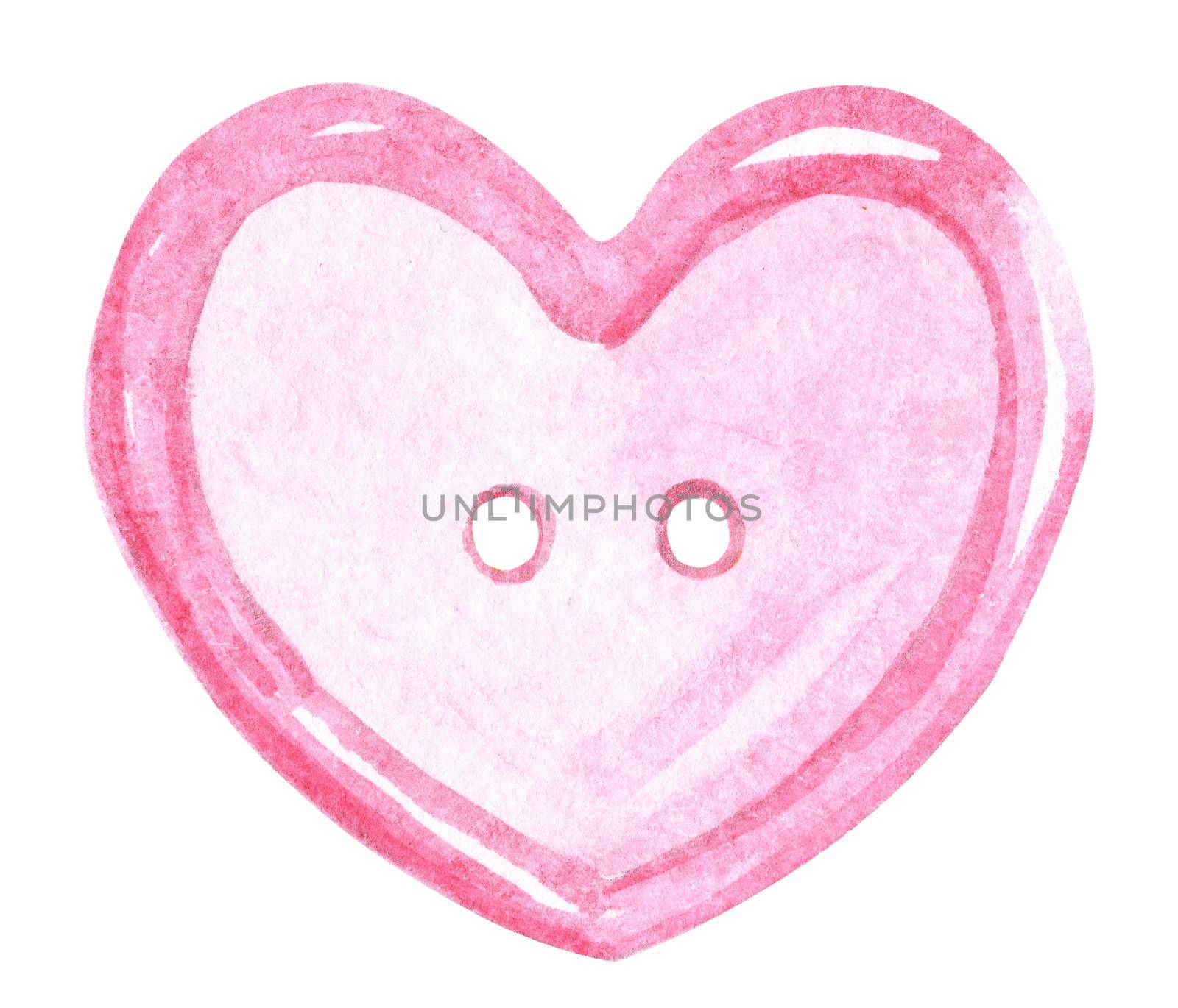 watercolor pink sew button heart isolated on white background
