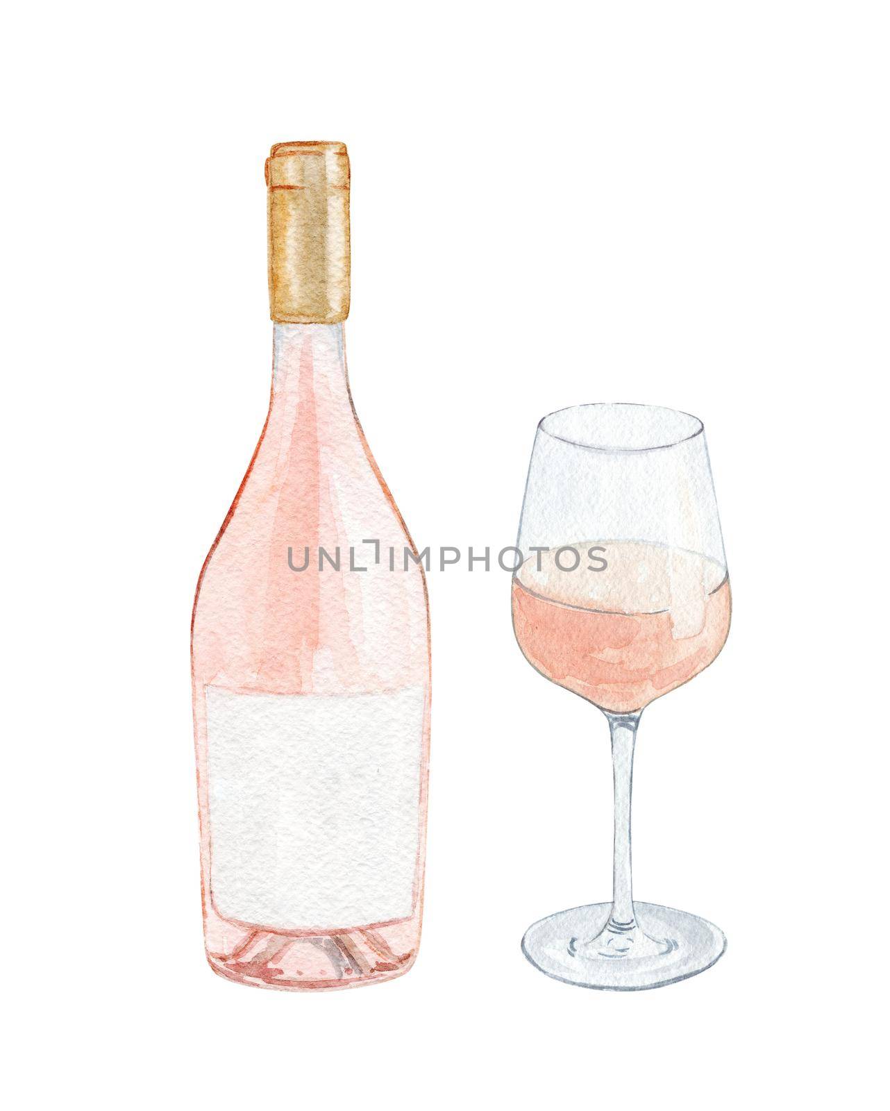 watercolor rose wine bottle and glass set isolated on white background. by dreamloud