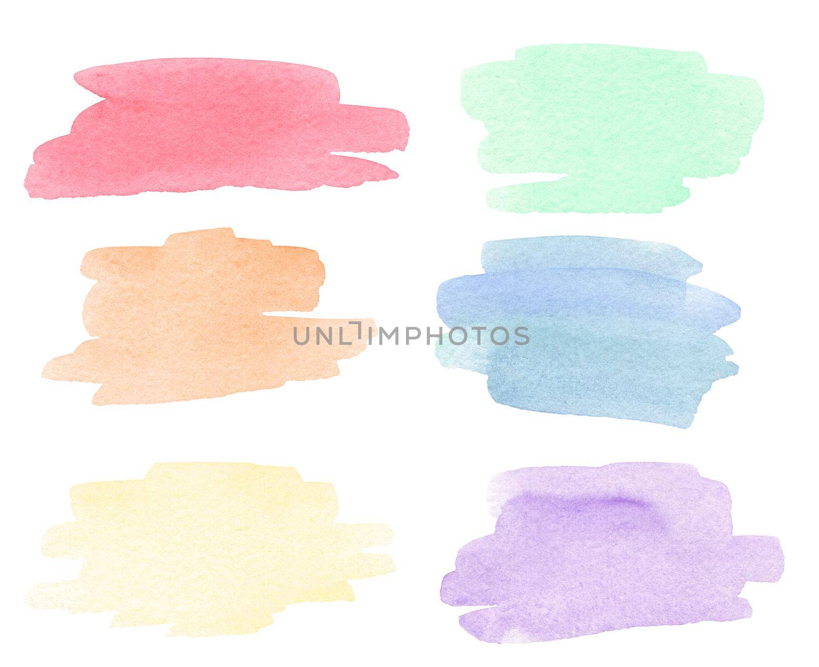 hand drawn watercolor colorful splashes and textures isolated on white background