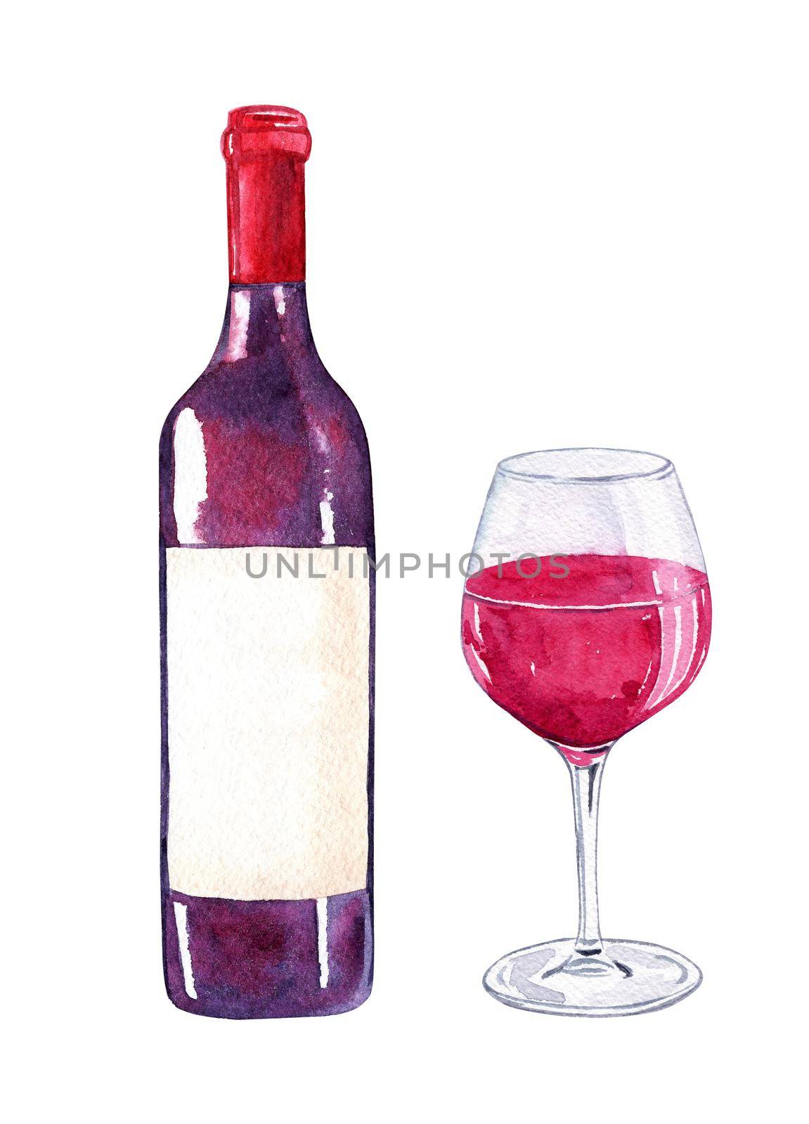 watercolor hand drawn red wine bottle and glass isolated on white background for print,poster,cafe menu design,decoration by dreamloud