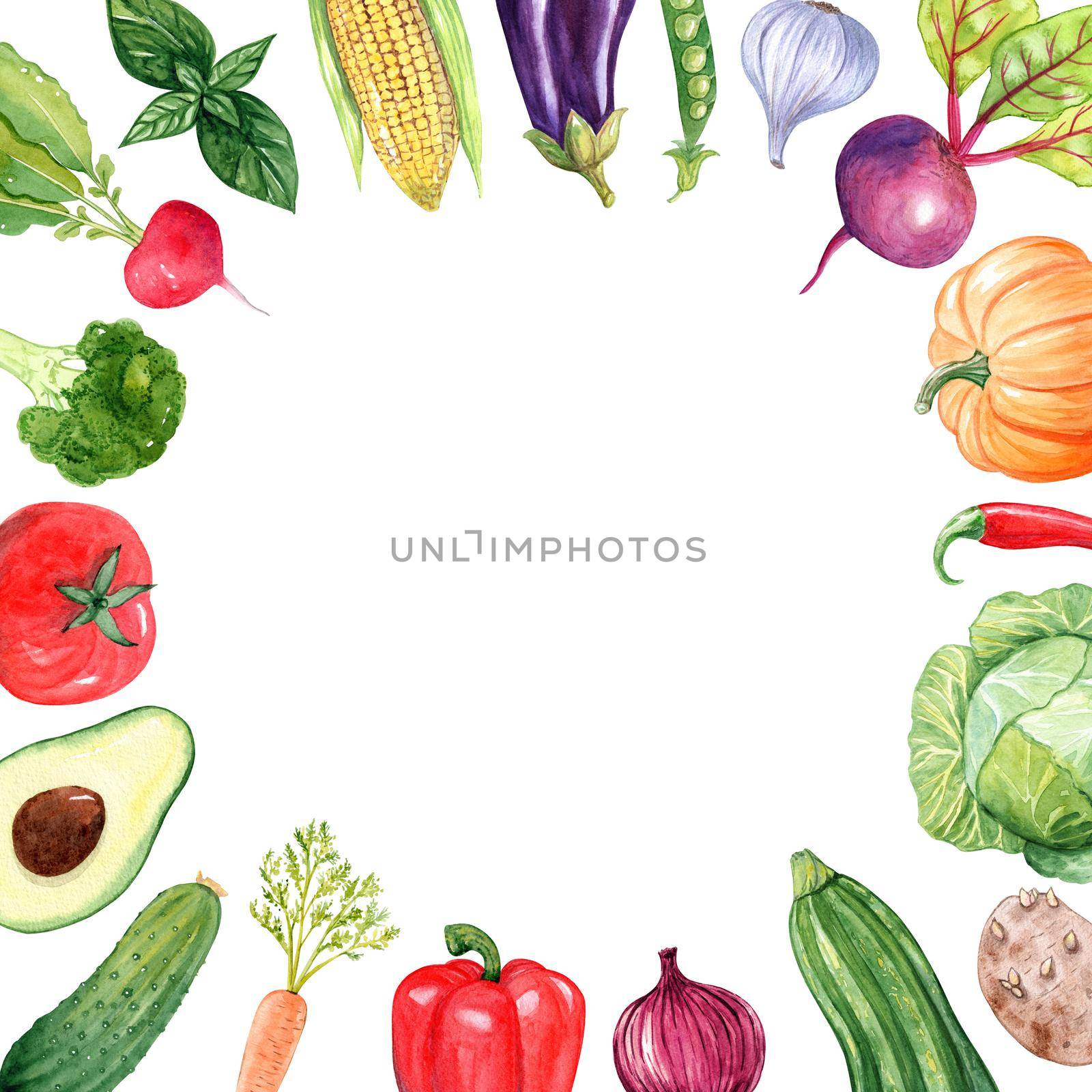 Watercolor vegetables frame isolated on white background by dreamloud