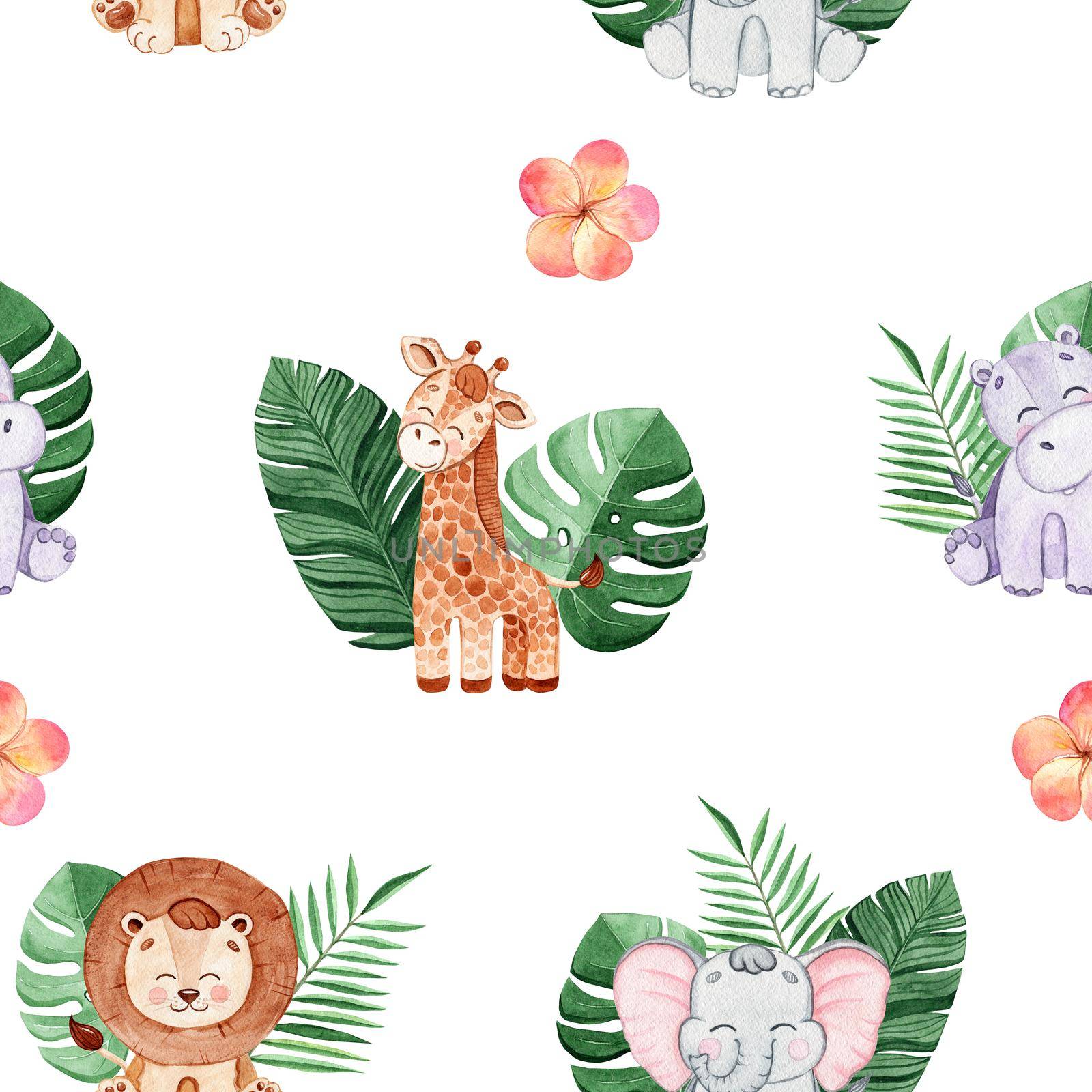 watercolor wild african animals and green tropical palm leaves and plumeria flowers seamless pattern on white background for baby fabric,textile,pajamas,branding,invitations,scrapbooking,wrapping by dreamloud