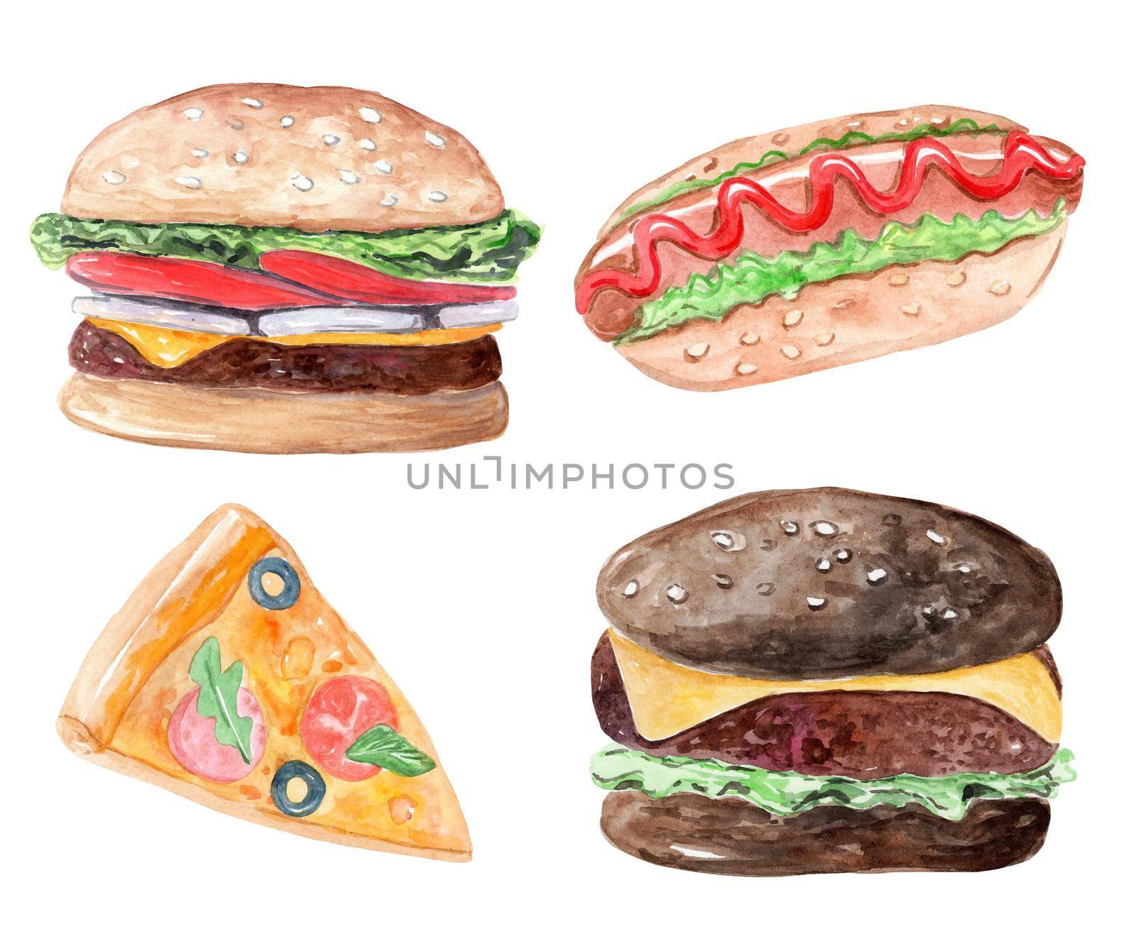 watercolor hand drawn fast food set with burgers, pizza and hotdog isolated on white background