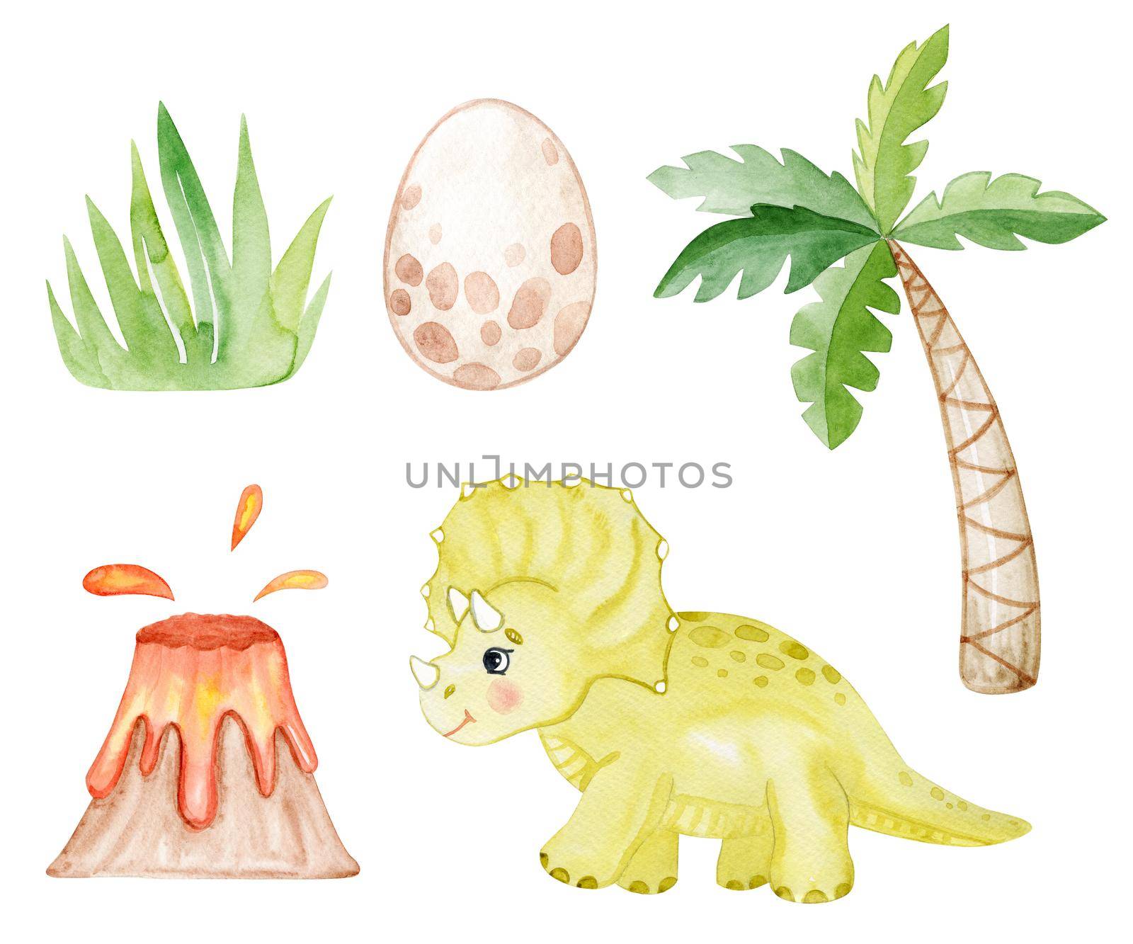 watercolor dinosaur and palm set isolated on white background. Volcano and dino egg illustrations.