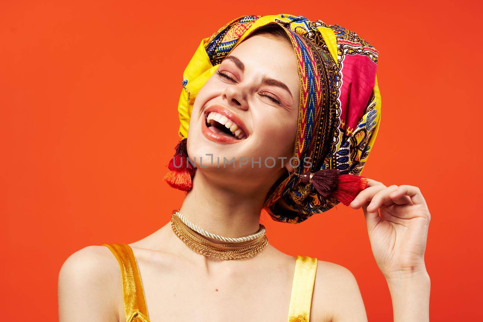 beautiful woman multicolored shawl ethnicity african style decorations Studio Model. High quality photo
