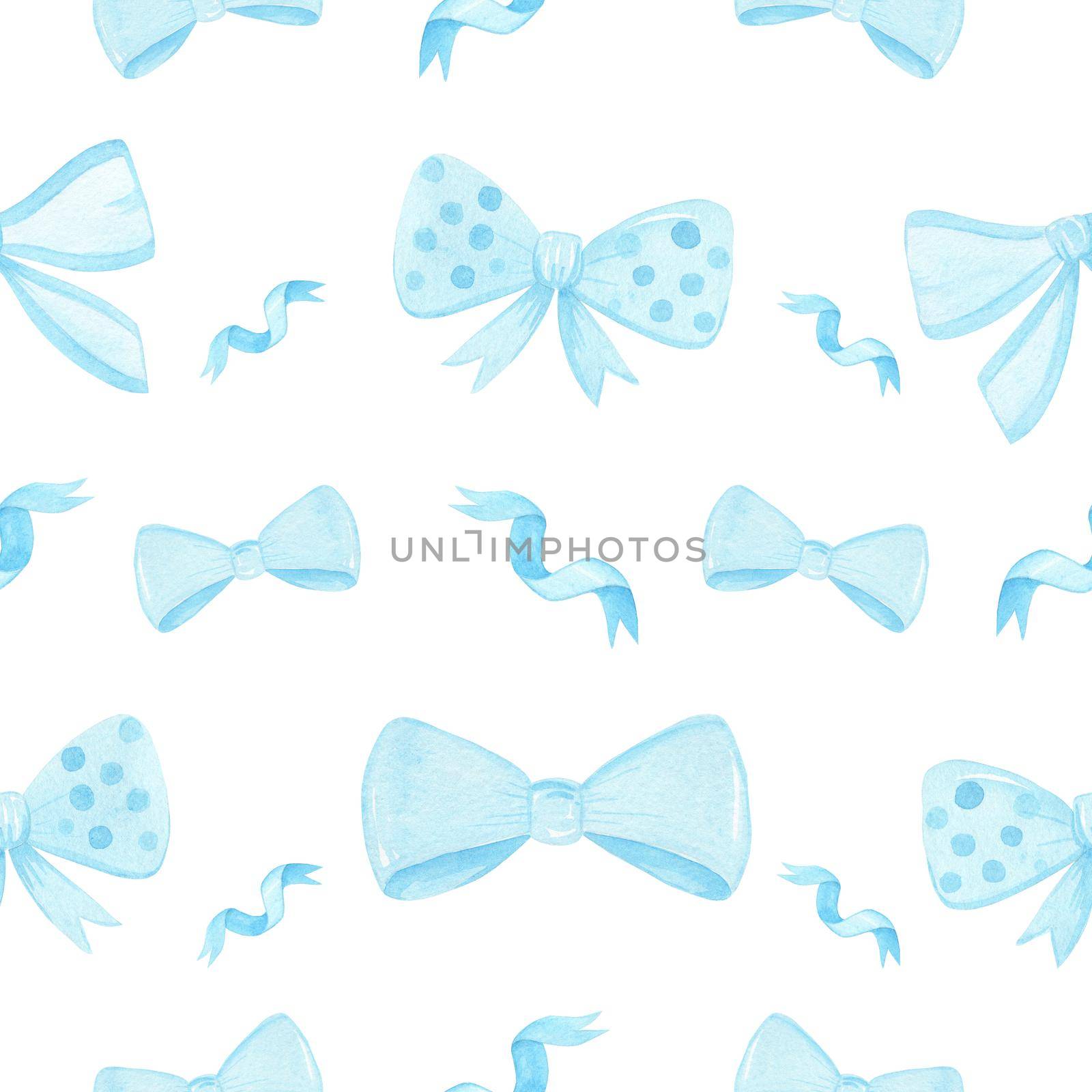 watercolor hand drawn blue bows and ribbons seamless pattern on white background for wrapping paper, baby shower, scrapbooking, cards by dreamloud