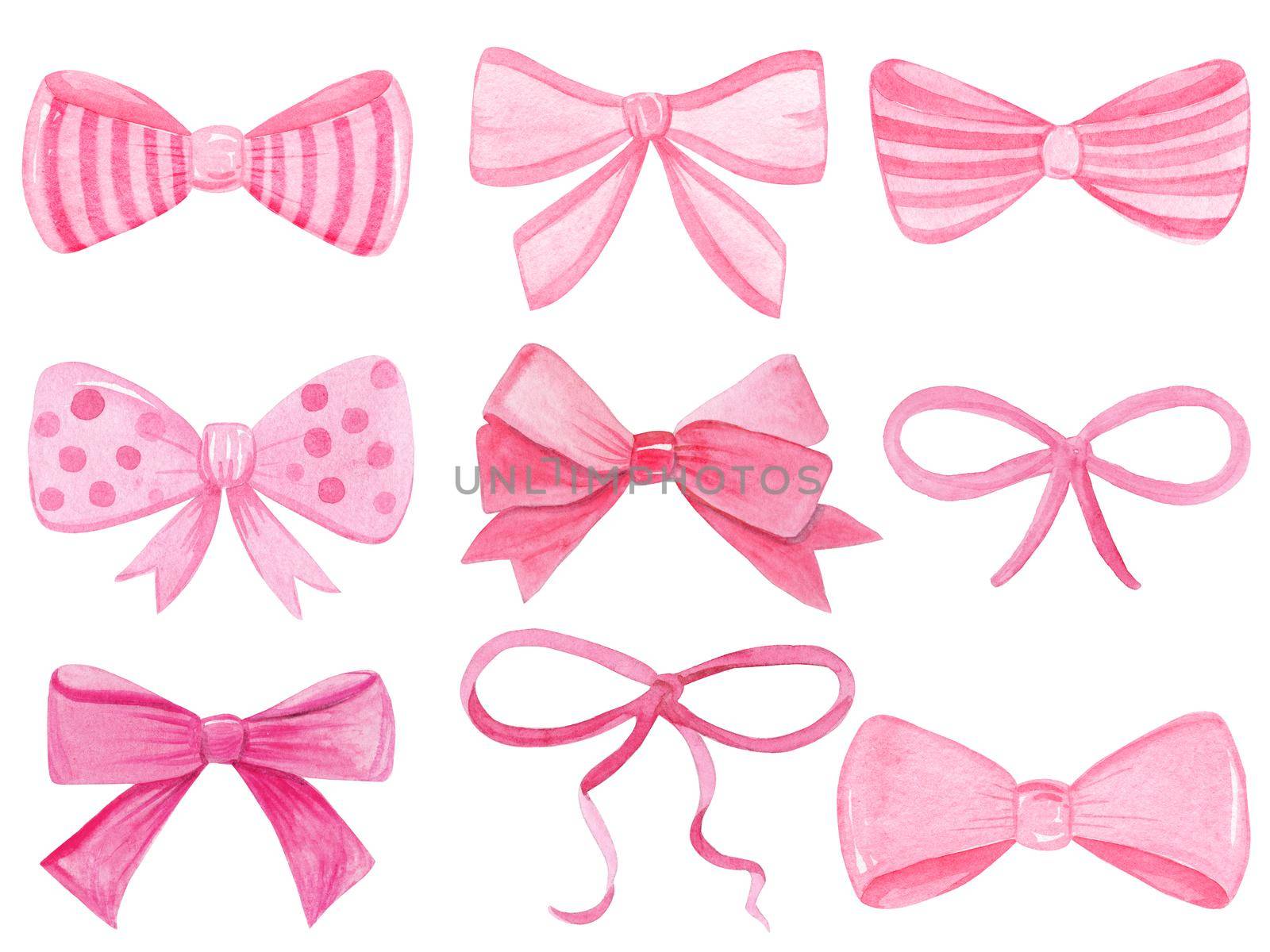 Watercolor pink bows set isolated on white background. Hand drawn collection of ribbon illustrations