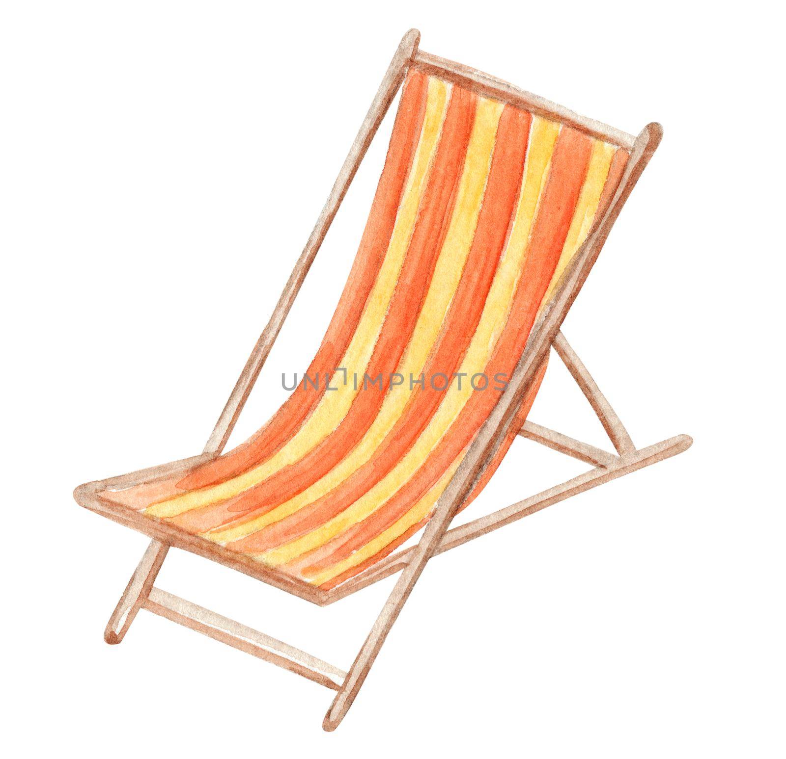 Watercolor beach deck chair with red stripes isolated on white background. by dreamloud