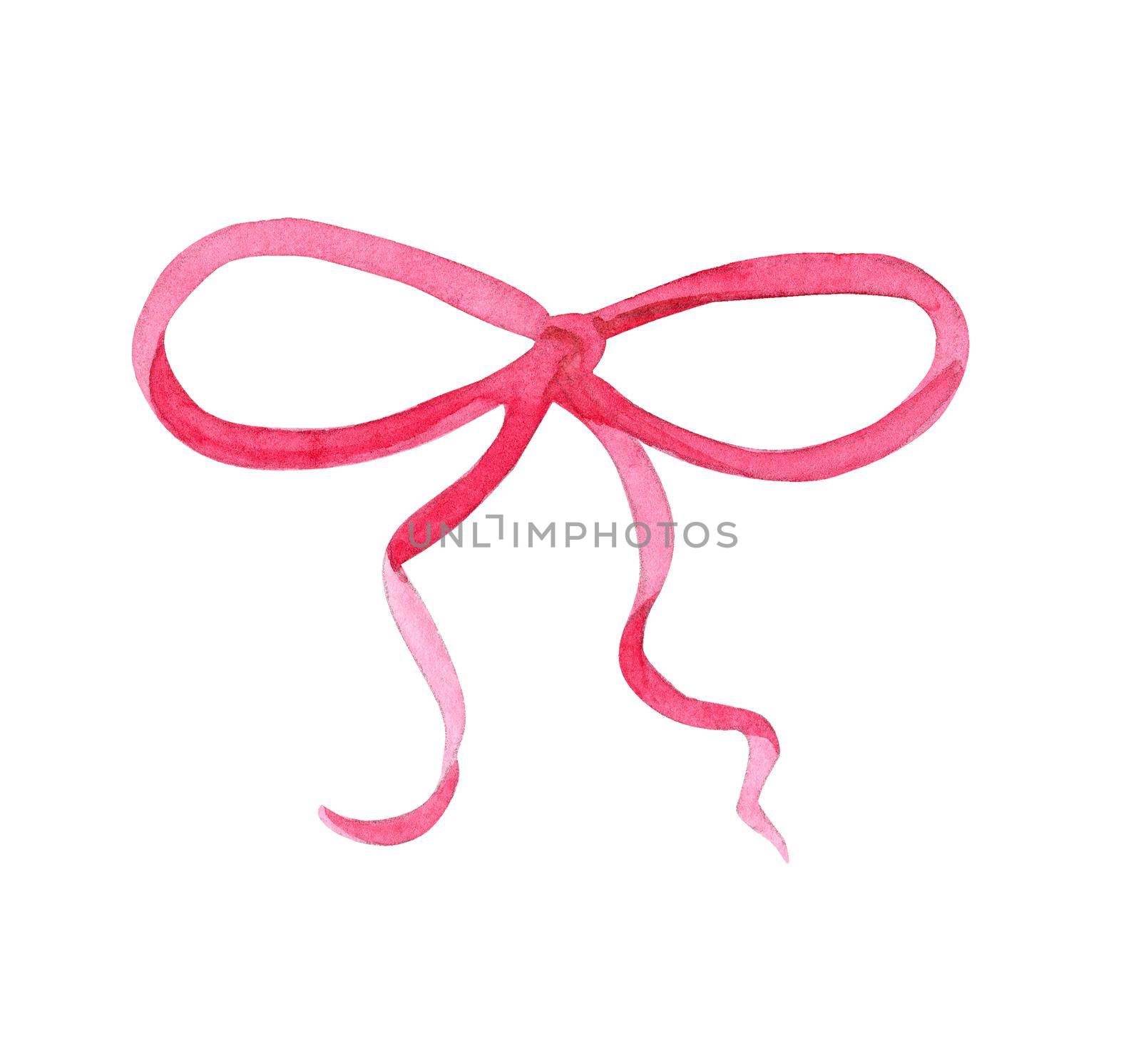 Watercolor thin pink bow isolated on white background. Hand drawn ribbon illustration by dreamloud