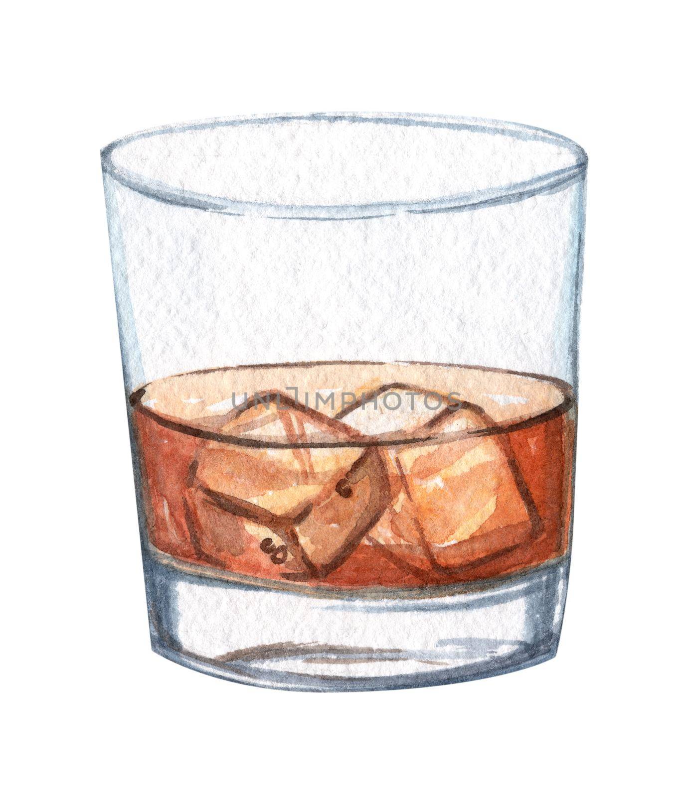 watercolor whiskey glass with ice isolated on white background. by dreamloud