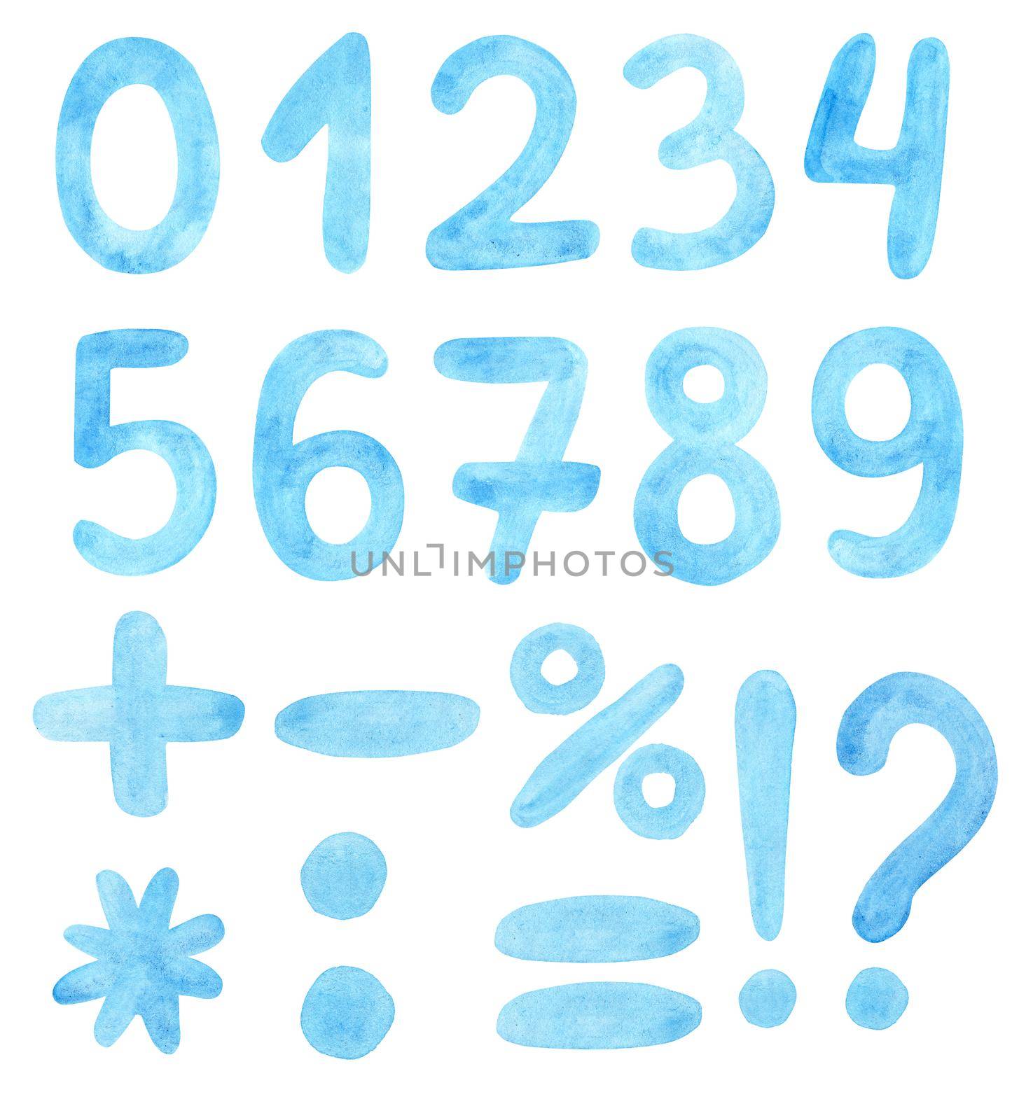 Watercolor blue numbers and math symbols set isolated on white background by dreamloud