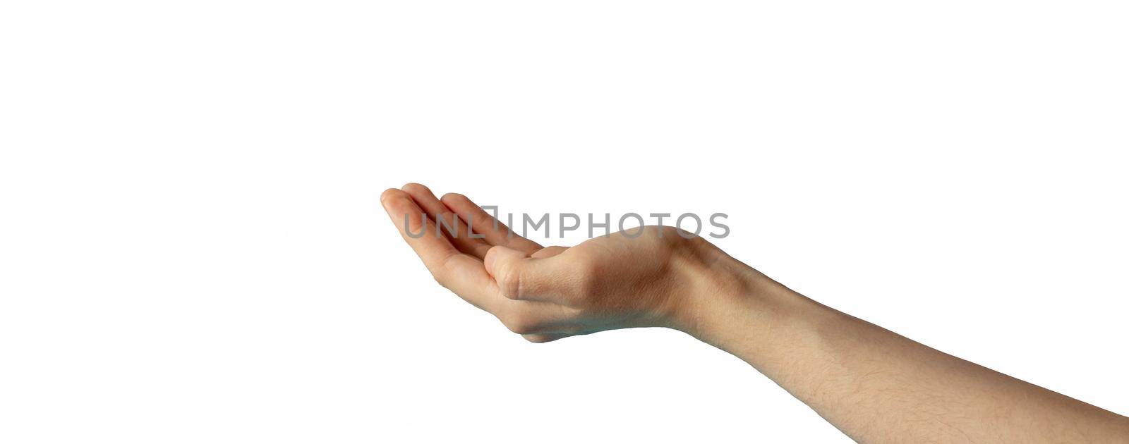A hand extended palm up.The hand is open and ready to help or accept. A gesture highlighted on a white background with a clipping outline.