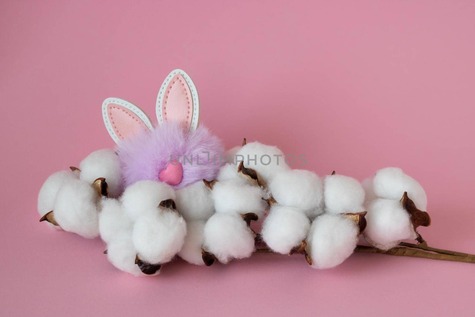 Beautiful white cotton flowers and a small fluffy lilac toy rabbit on a pink background. Easter Concept by lapushka62