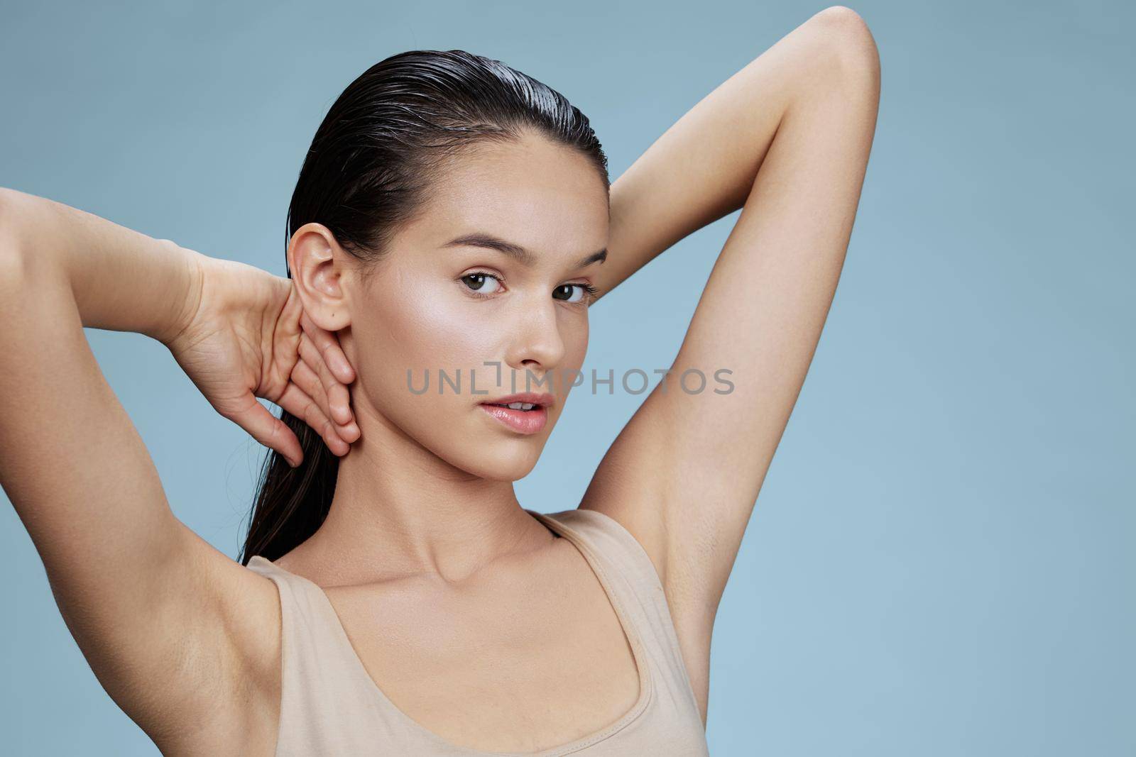 woman hand near face attractive look close-up Lifestyle. High quality photo
