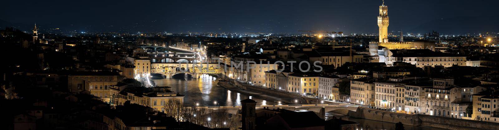Beautiful night panoramic view of Florence, Ponte Vecchio, Arnolfo tower and river Arno. Cultural famous places in hi-res shot. Tuscany, Italy. by photolime
