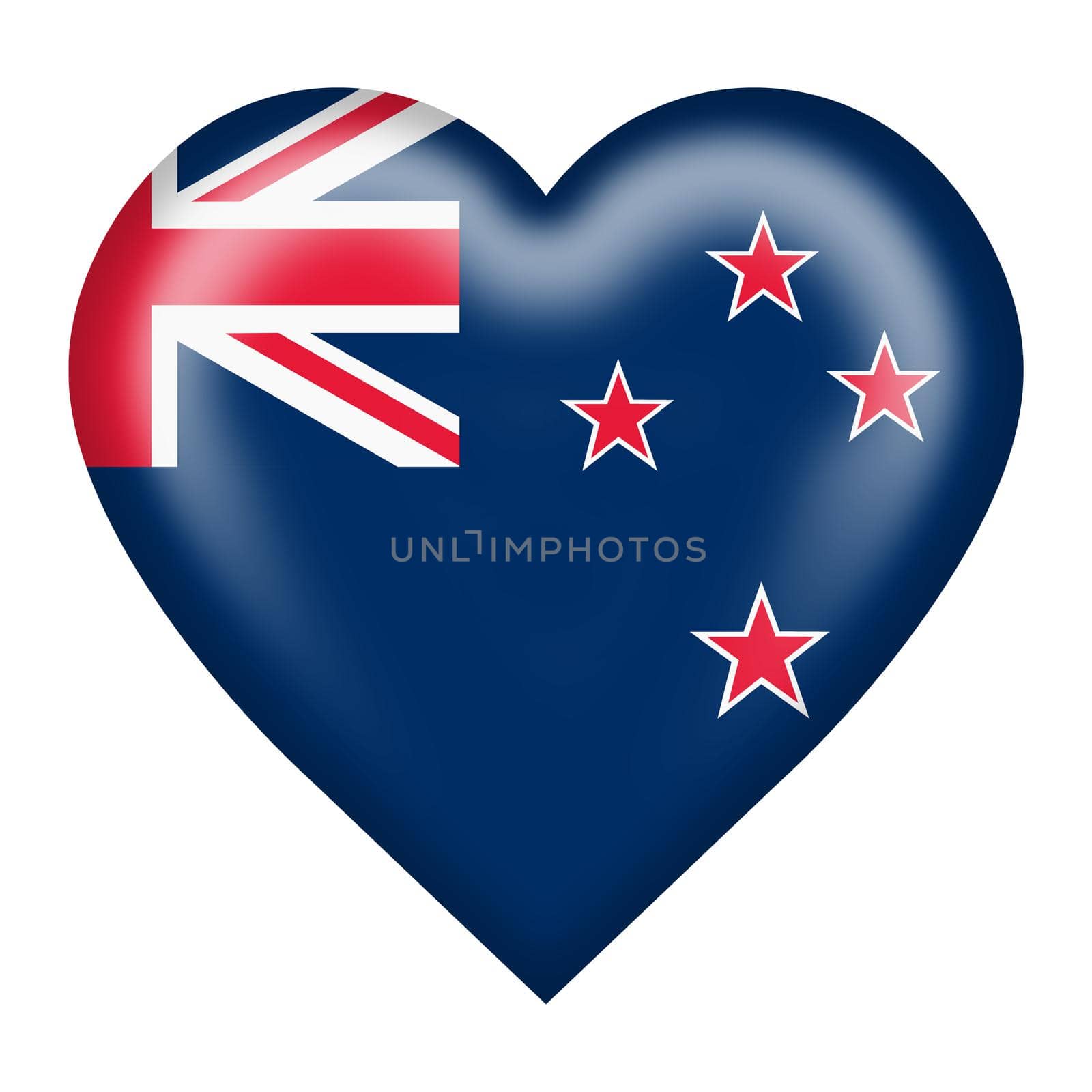 A New Zealand flag heart button isolated on white with clipping path 3d illustration