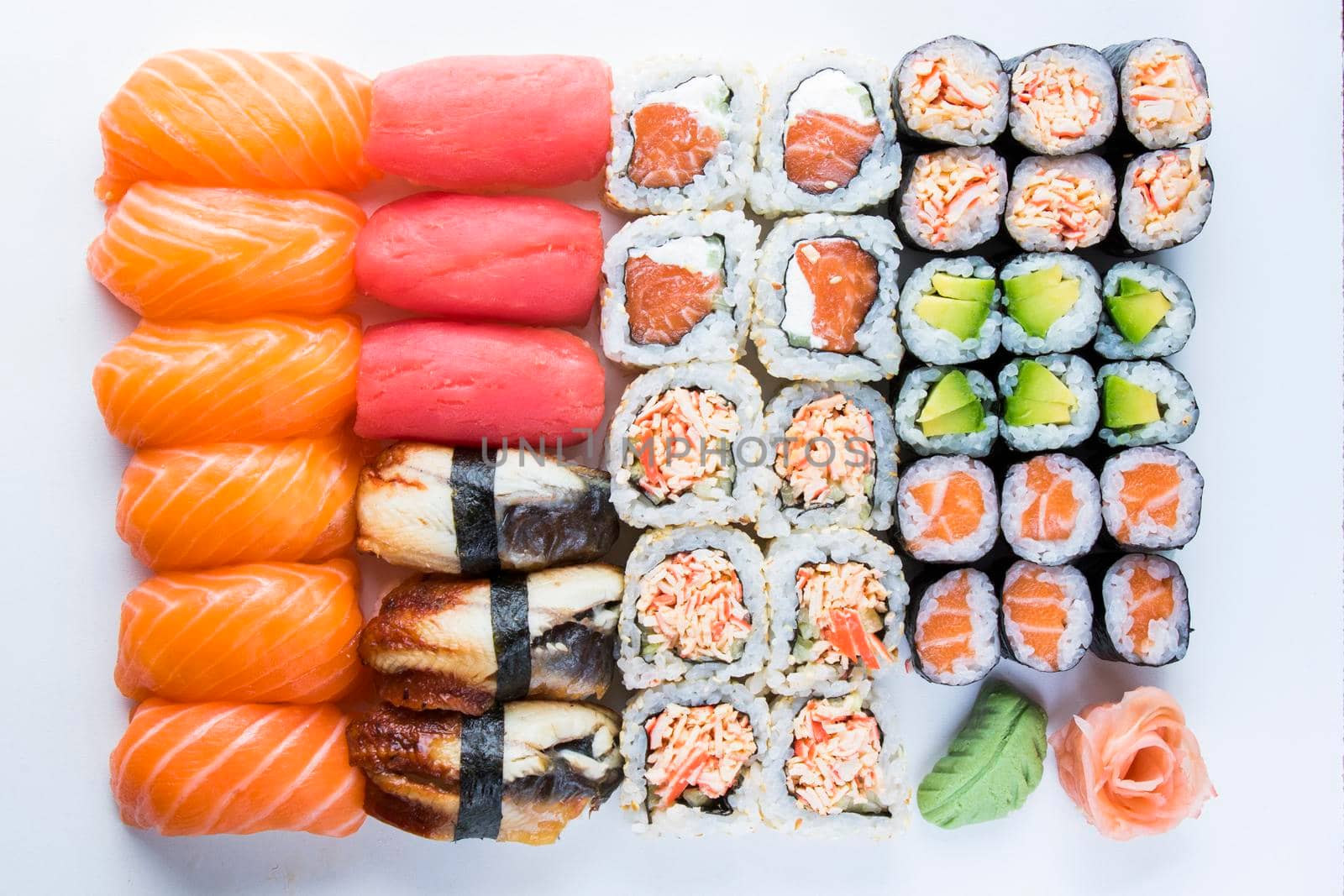 Nigiri sushi set, salmon, tuna and shrimp sushi, high angle view