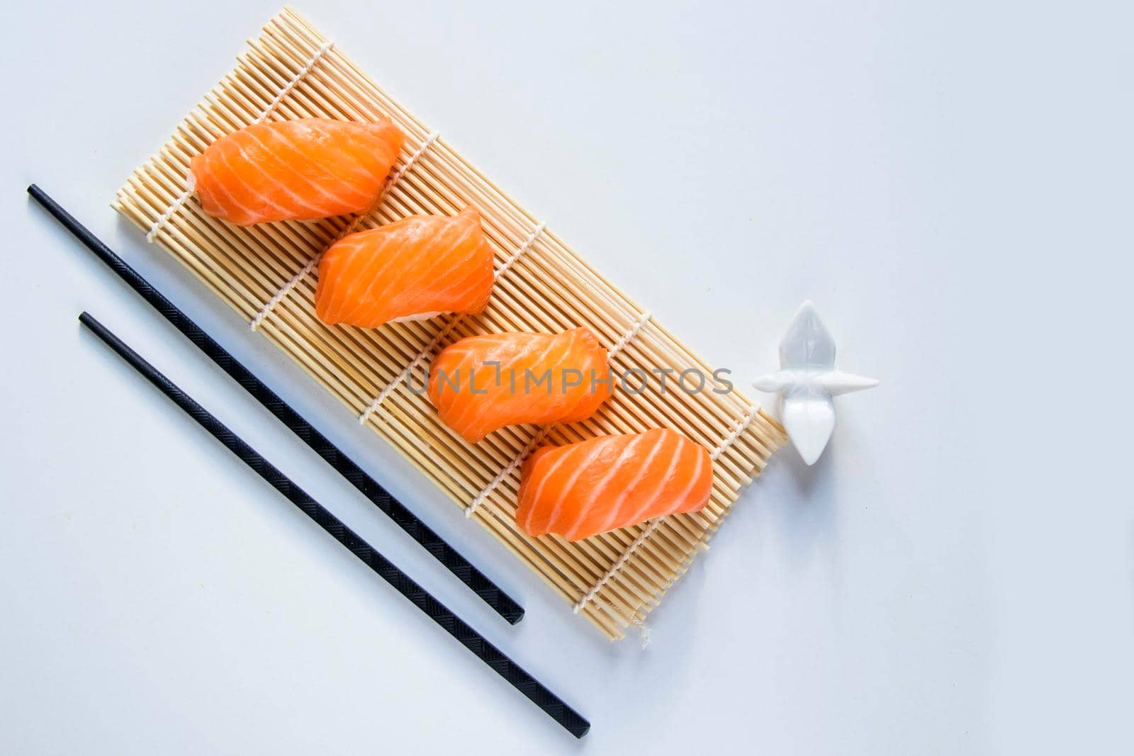 Salmon fish nigiri set on the white background, nigiri sushi