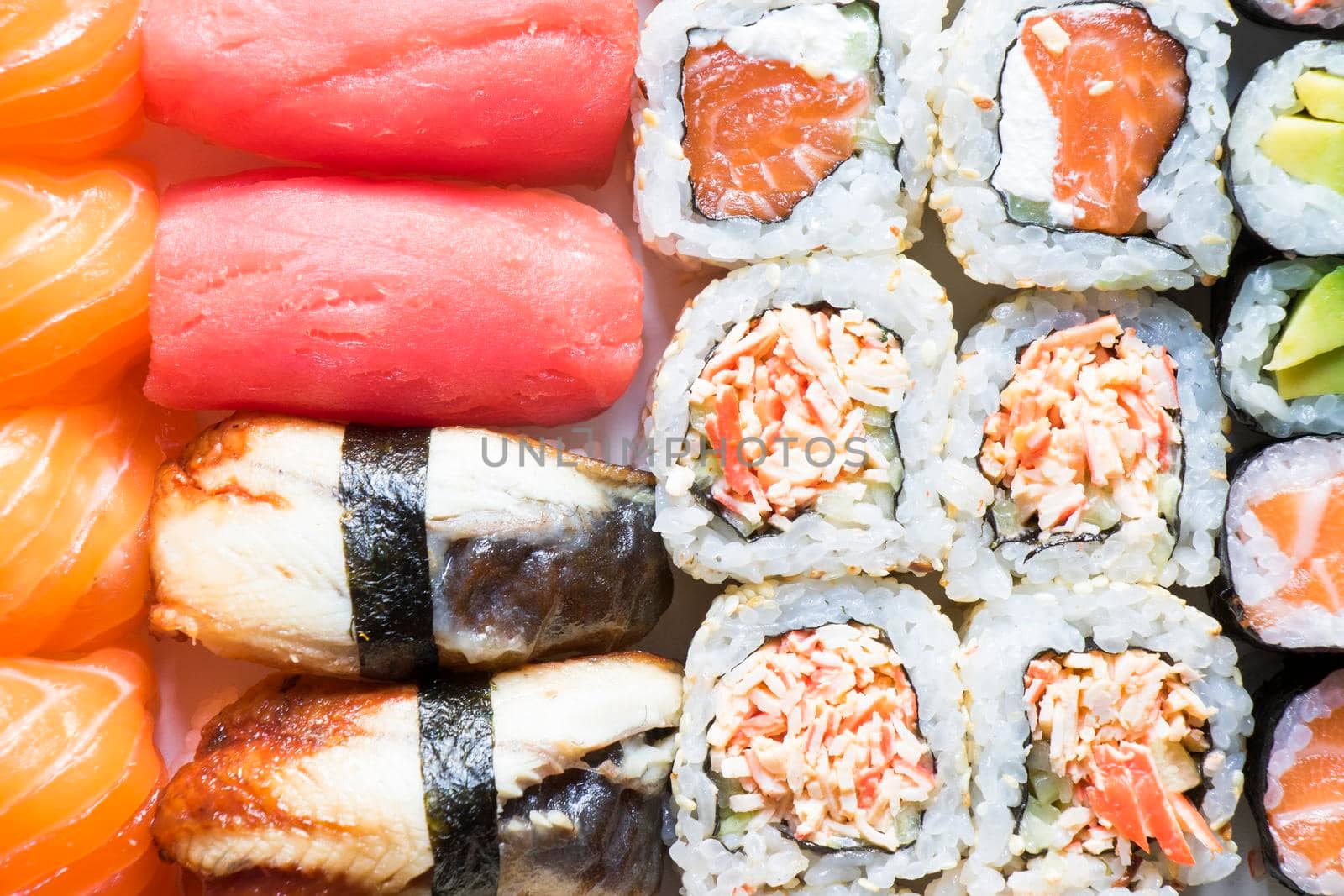Nigiri sushi set, salmon, tuna and shrimp sushi, high angle view