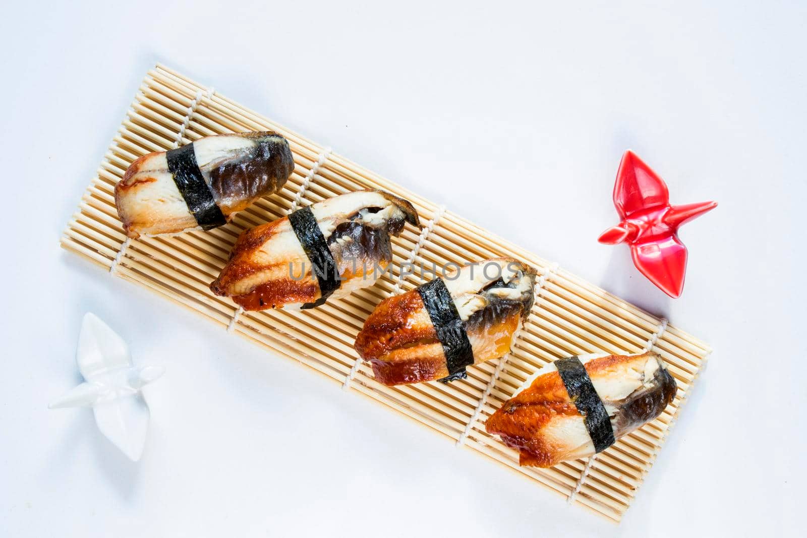 Eel fish nigiri set on the white background, nigiri sushi