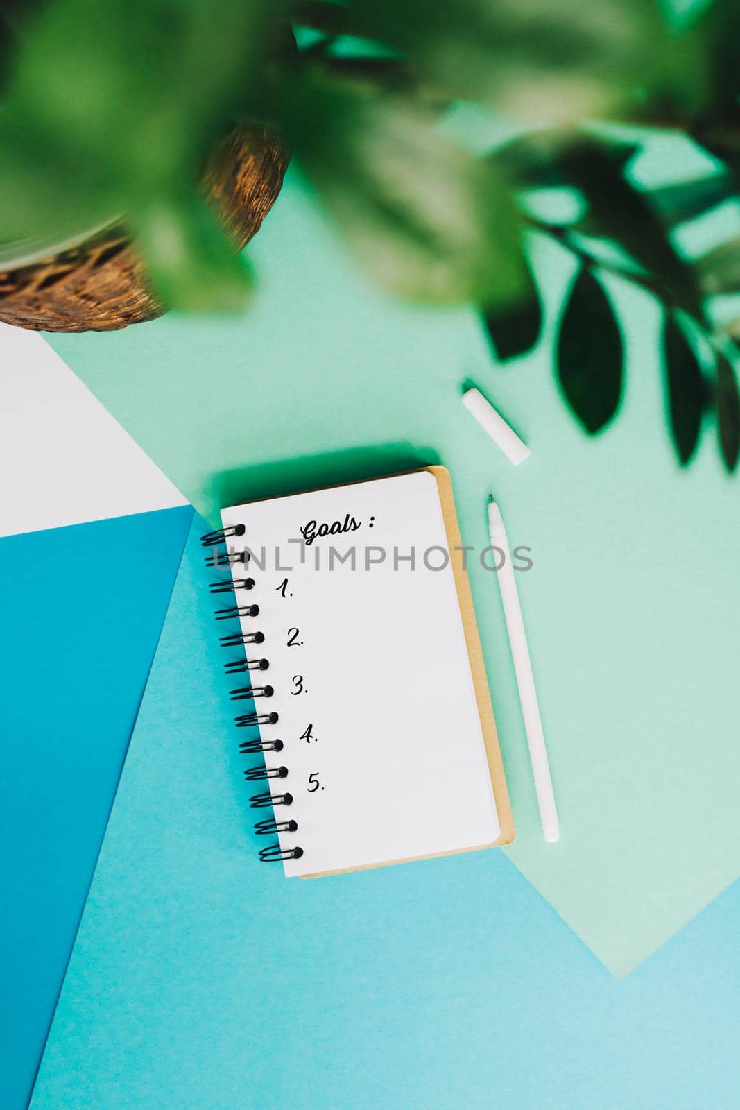 Notebook to write down goals for 2022. A houseplant, a notebook and a pen lie on an abstract background. Abstract background of blue, white and green. A clean page of a notebook for text or design.
