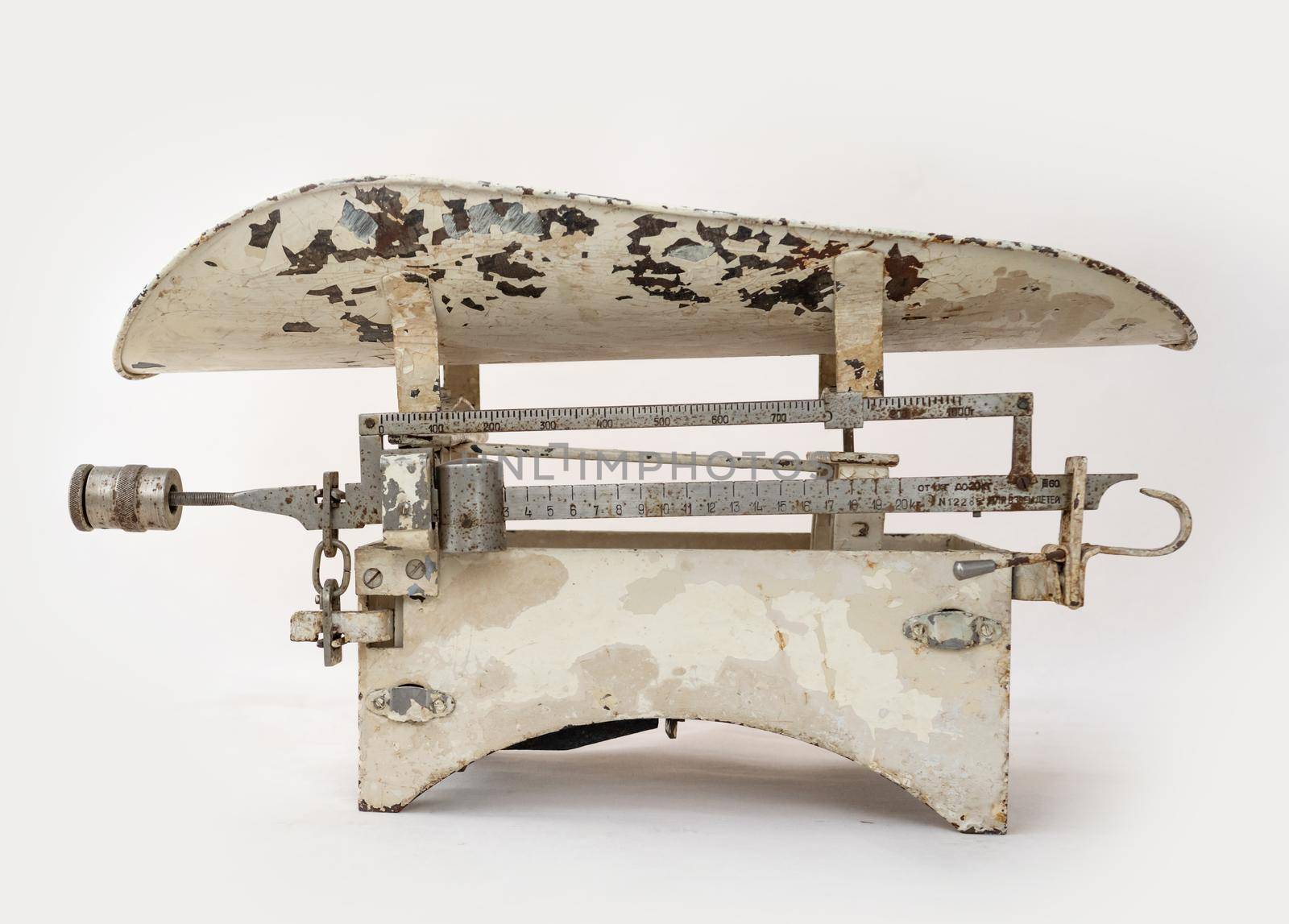 Vintage weights scales for newborn baby isolated. Retro measuring medicine equipment for infant child
