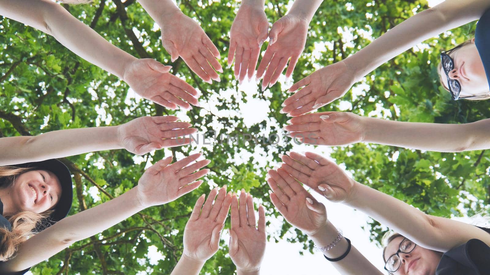 A group of girls make a circle with their palms against the background of tree branches. by DovidPro
