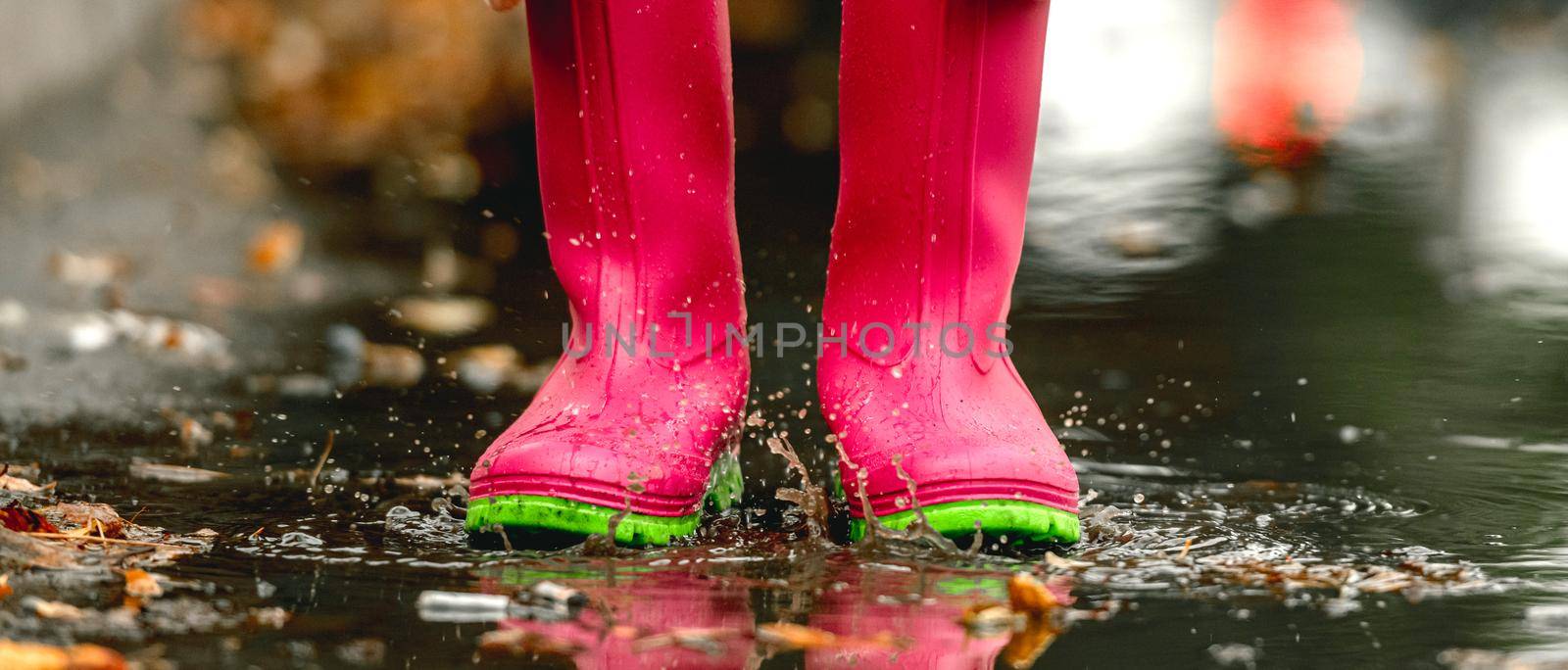 Kid wearing rubber boots standing in puddle in rainy day at autumn. Child feet in gumboots outdoors in fall season