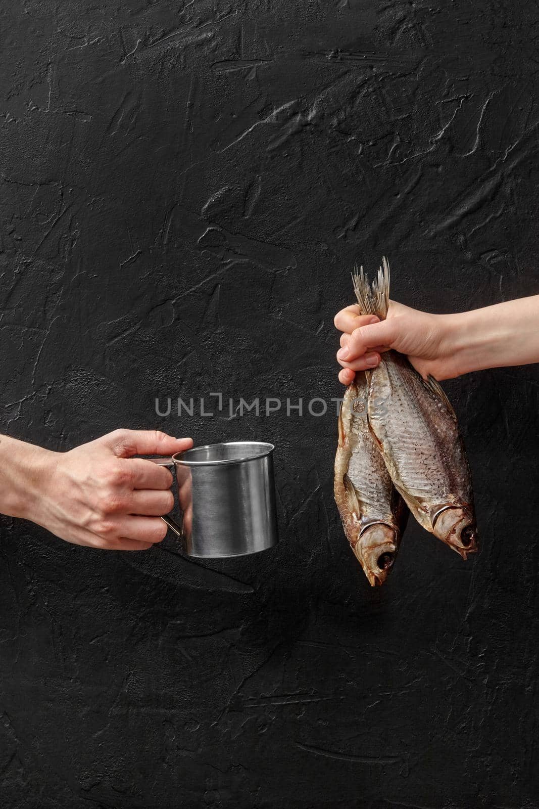 Male and female hands holding metal mug and two whole salted dried roach on background of black textured wall. Concept of traditional beer snacks