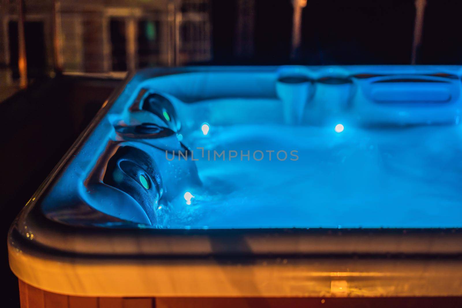 Hot tub hydromassage pool. Illuminated pool. Rest outside the city. Cottage with hydromassage pool by galitskaya