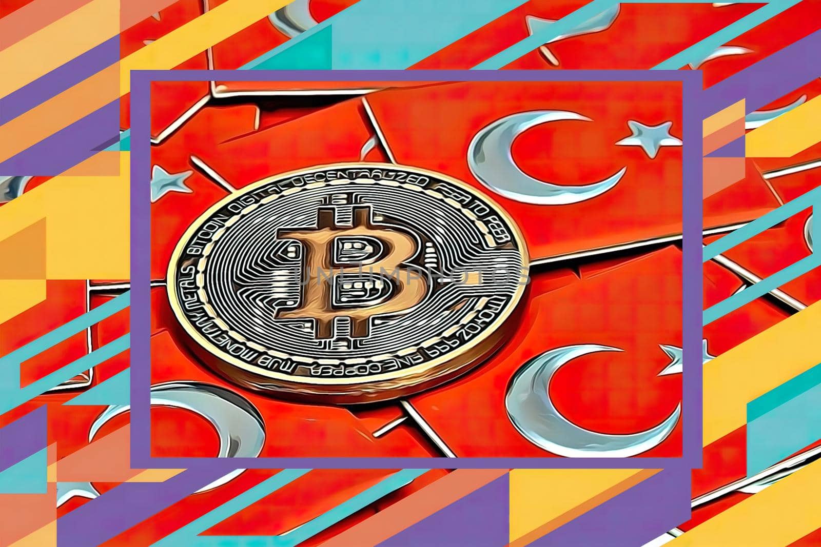 Close up bitcoin coins with Turkish flags figures.