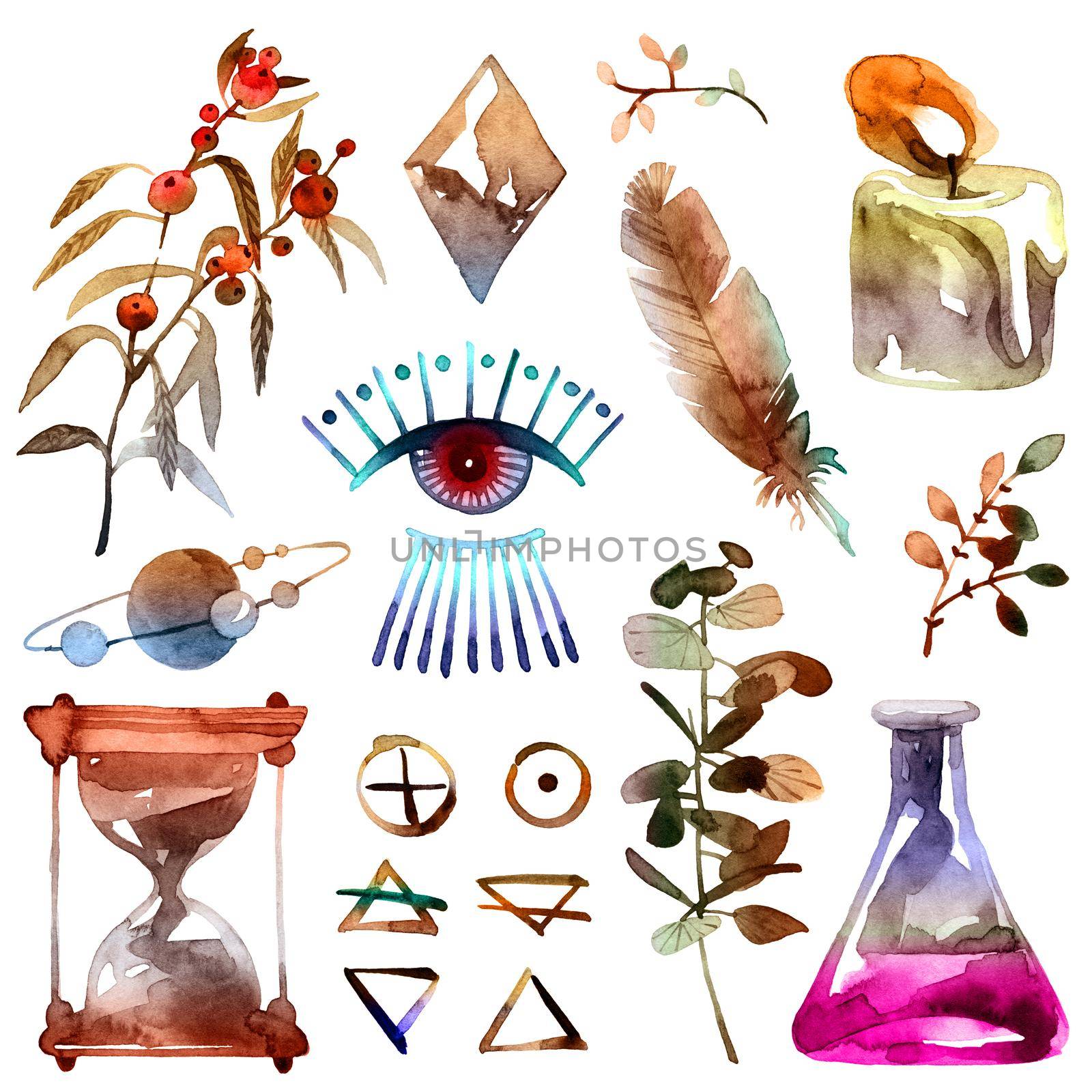 Watercolor illustration of alchemy objects and signs on white background