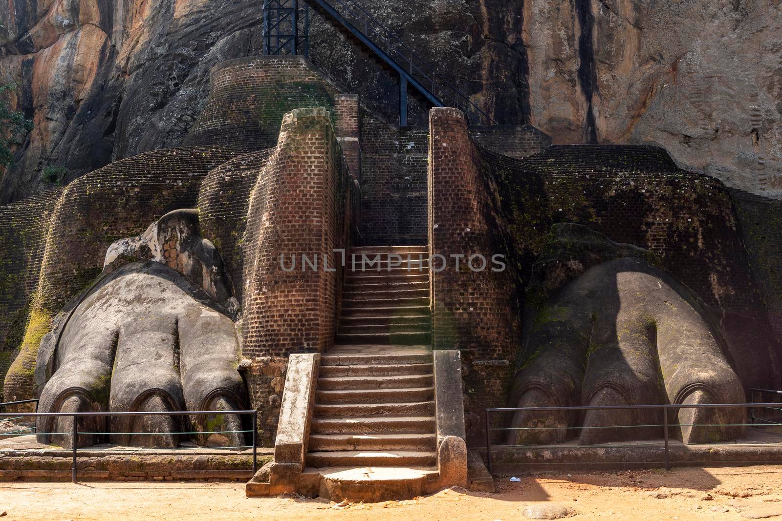 Sri Lanka. Sigiriya Dambulla. The most famous attraction - Lion Rock. View from the main entrance in the form of a lion on a clear sunny day. High quality photo