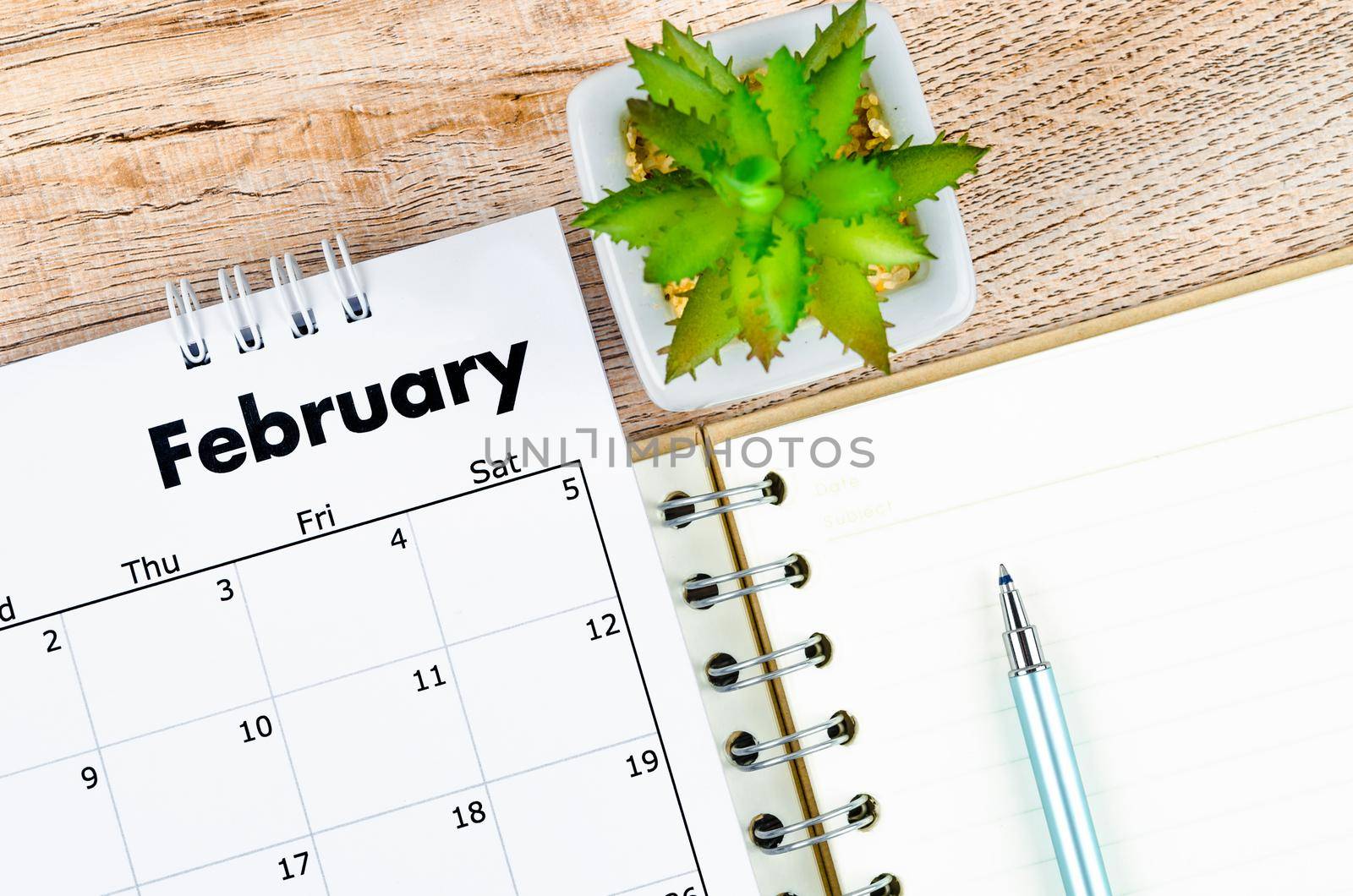 The February 2022 desk calendar and open diary with pen on wooden background.